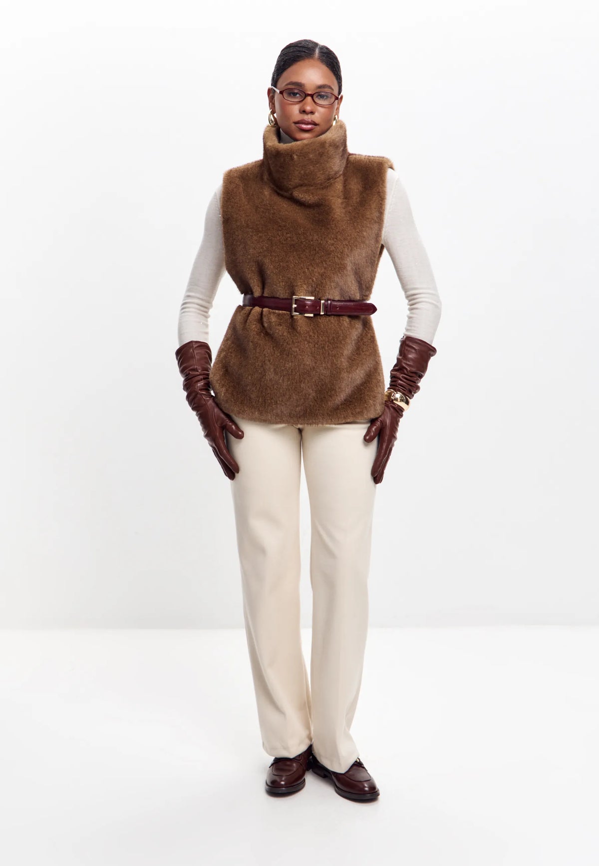 Faux Fur Sleeveless Sculpted Top with Collar – Brown