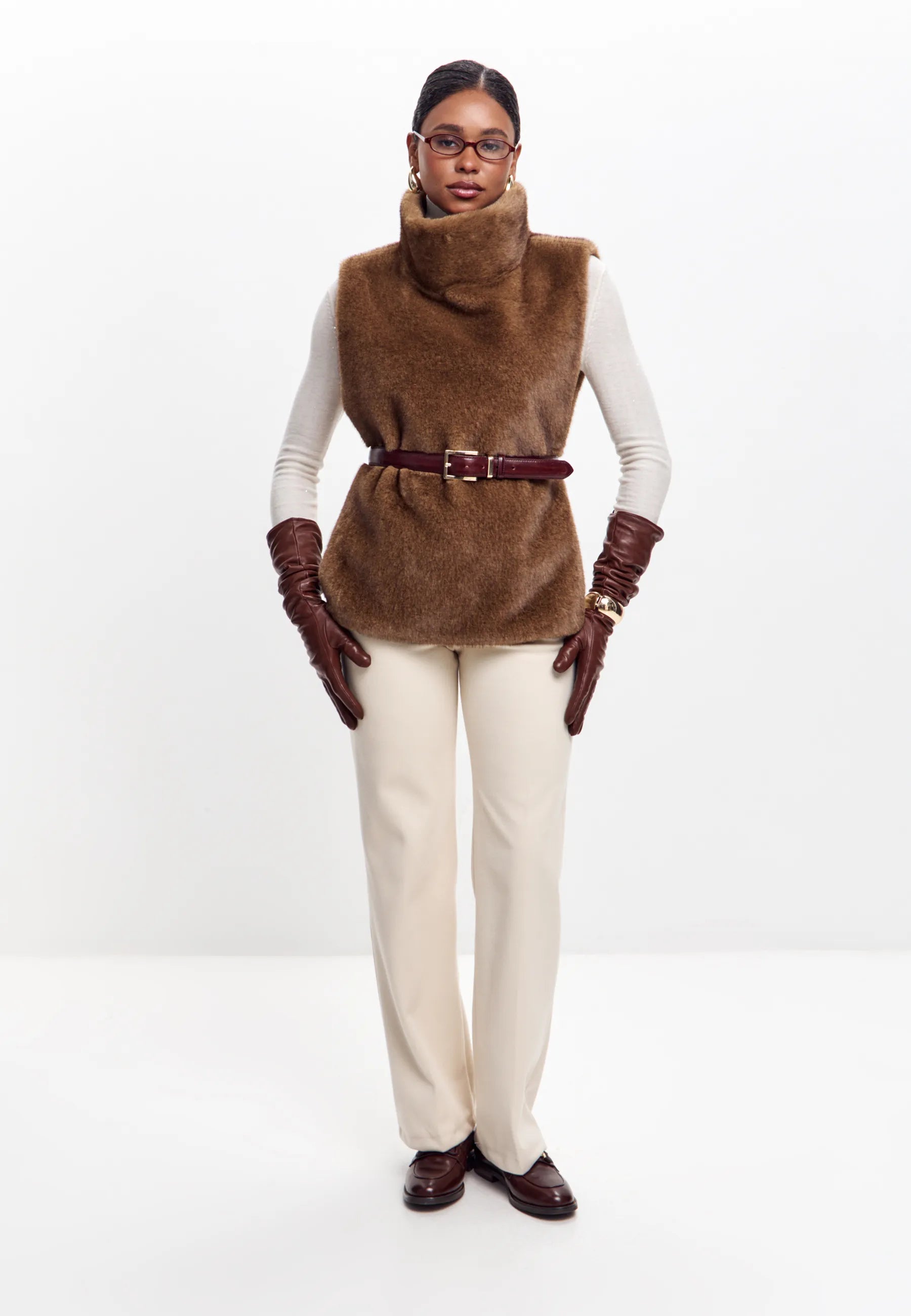 Faux Fur Sleeveless Sculpted Top with Collar – Light Brown