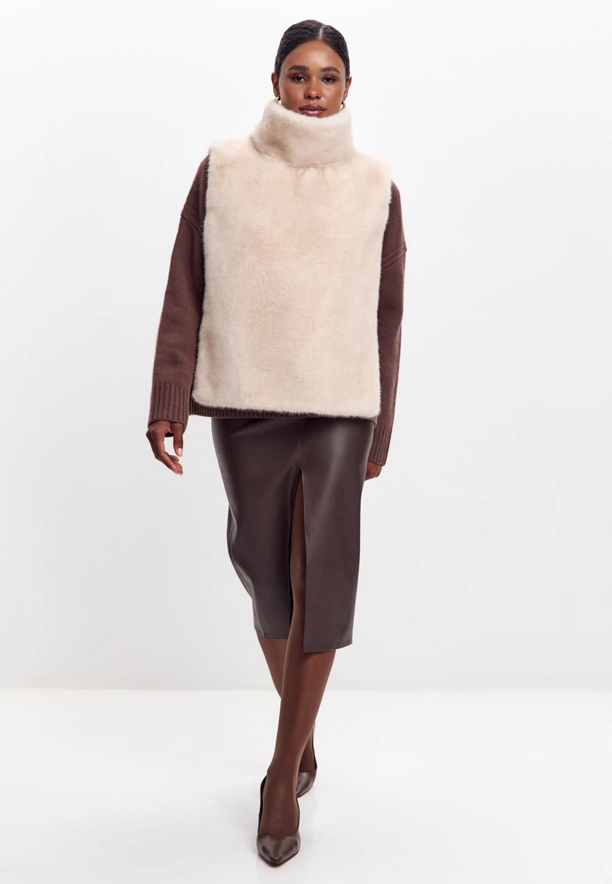 Faux Fur Sleeveless Sculpted Top with Collar – Beige