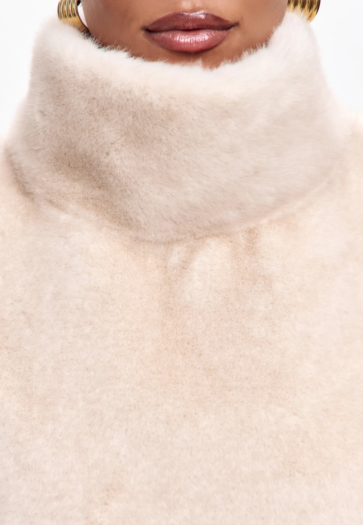 Faux Fur Sleeveless Sculpted Top with Collar – Beige