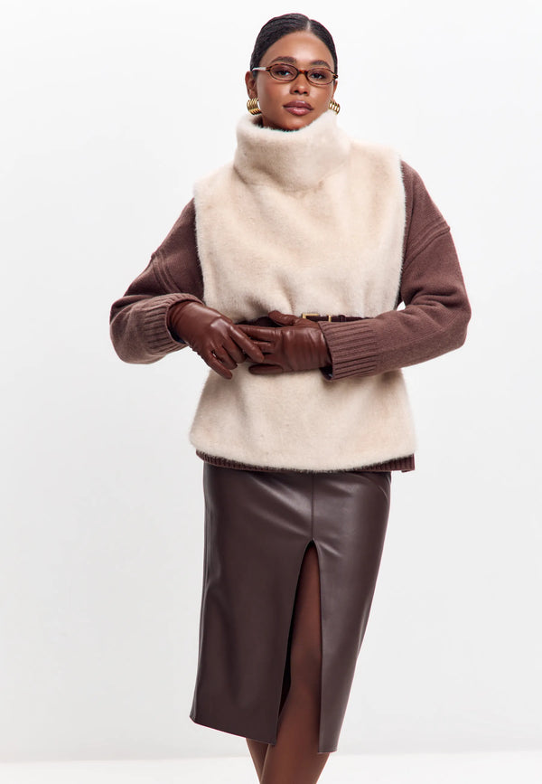 Faux Fur Sleeveless Sculpted Top with Collar – Beige