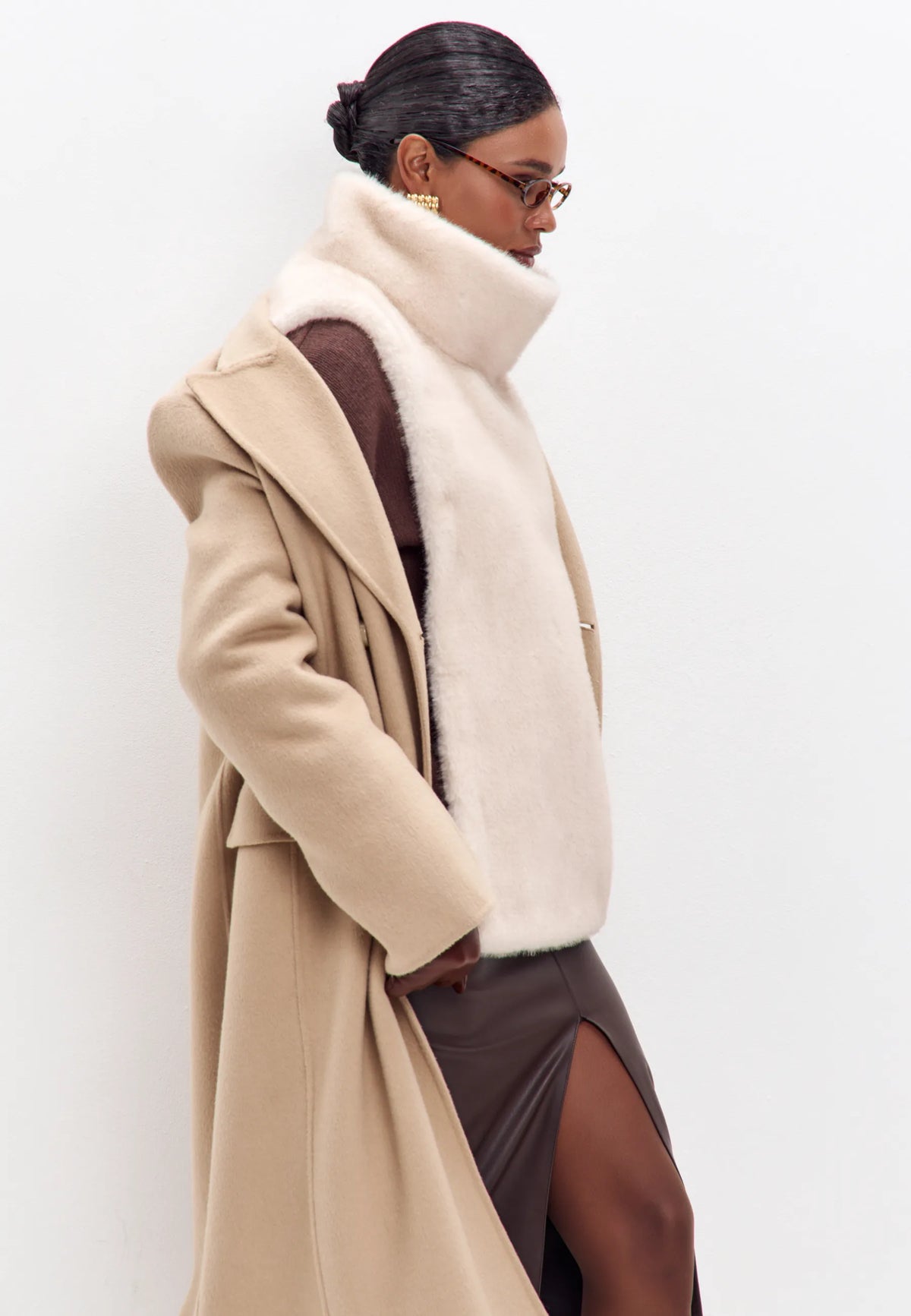 Faux Fur Sleeveless Sculpted Top with Collar – Beige