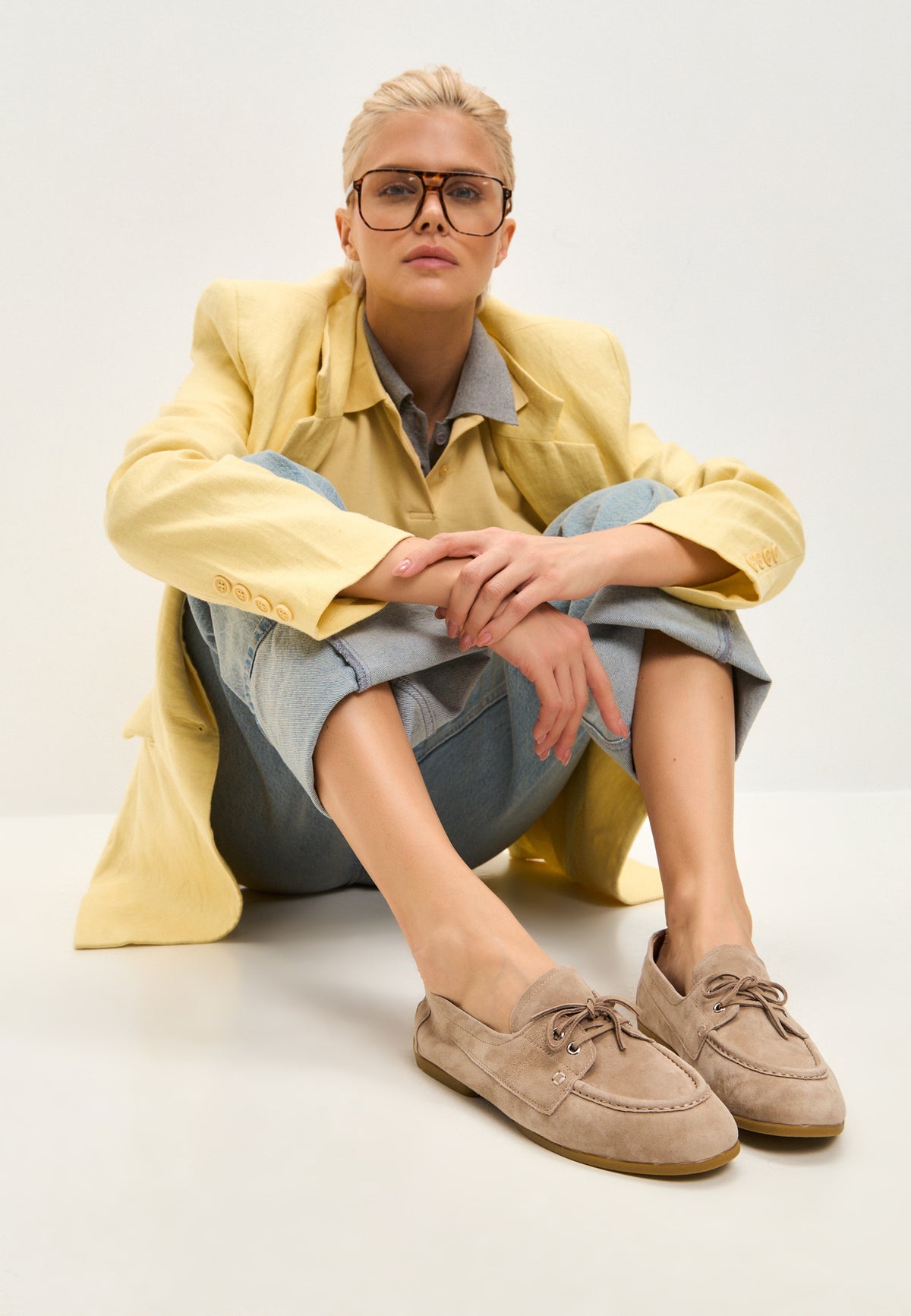 Suede Lace-Up Loafers - Beige