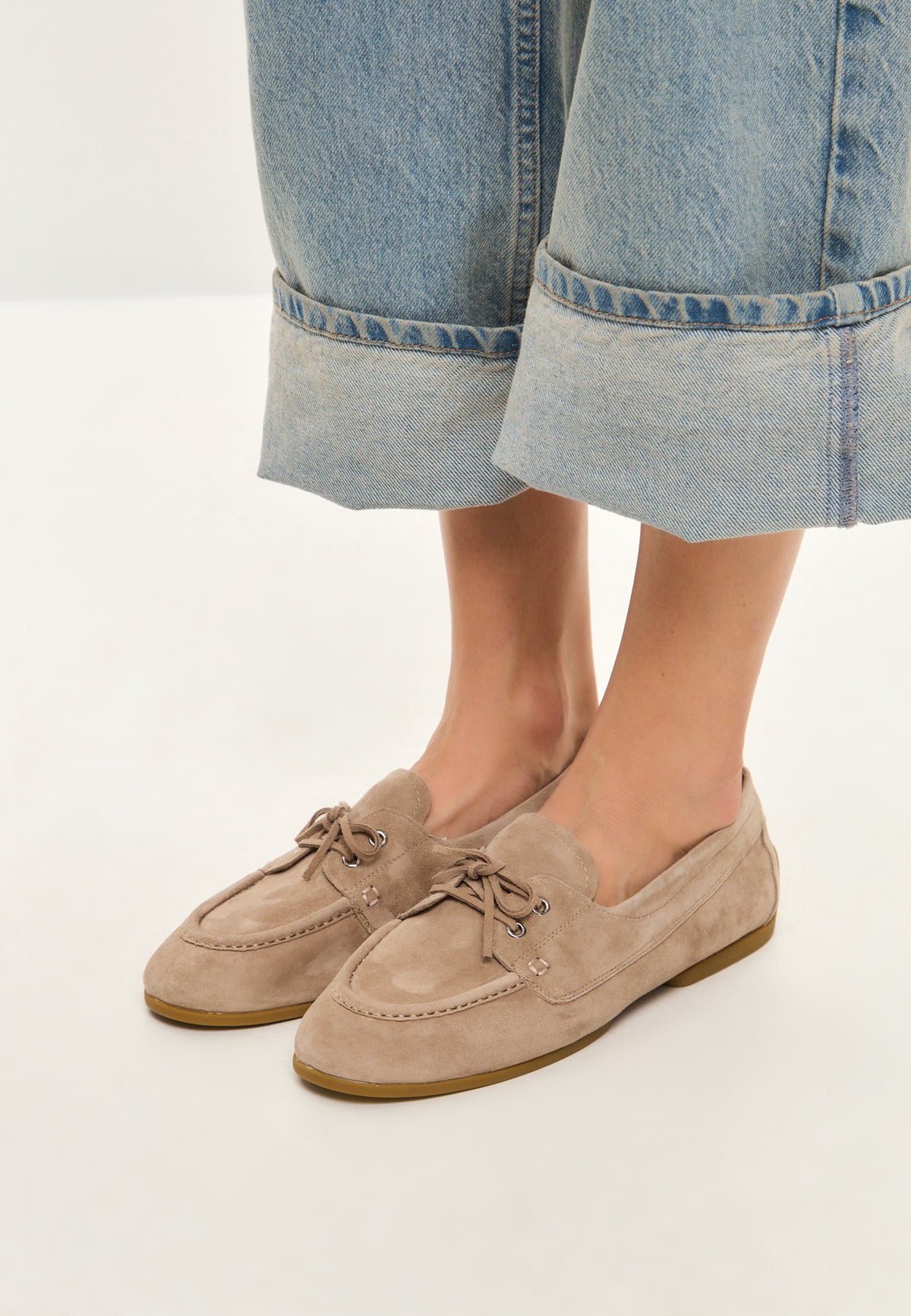 Suede Lace-Up Loafers - Beige
