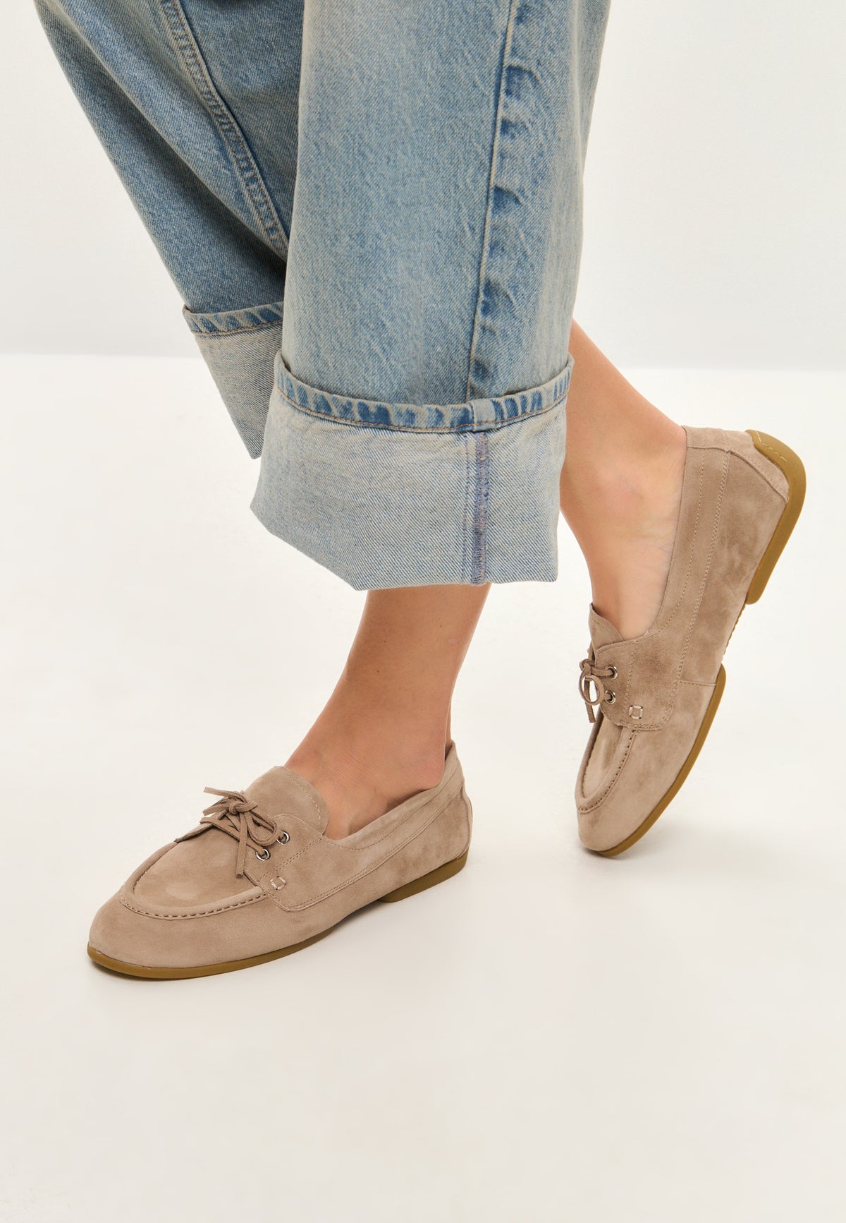 Suede Lace-Up Loafers - Beige