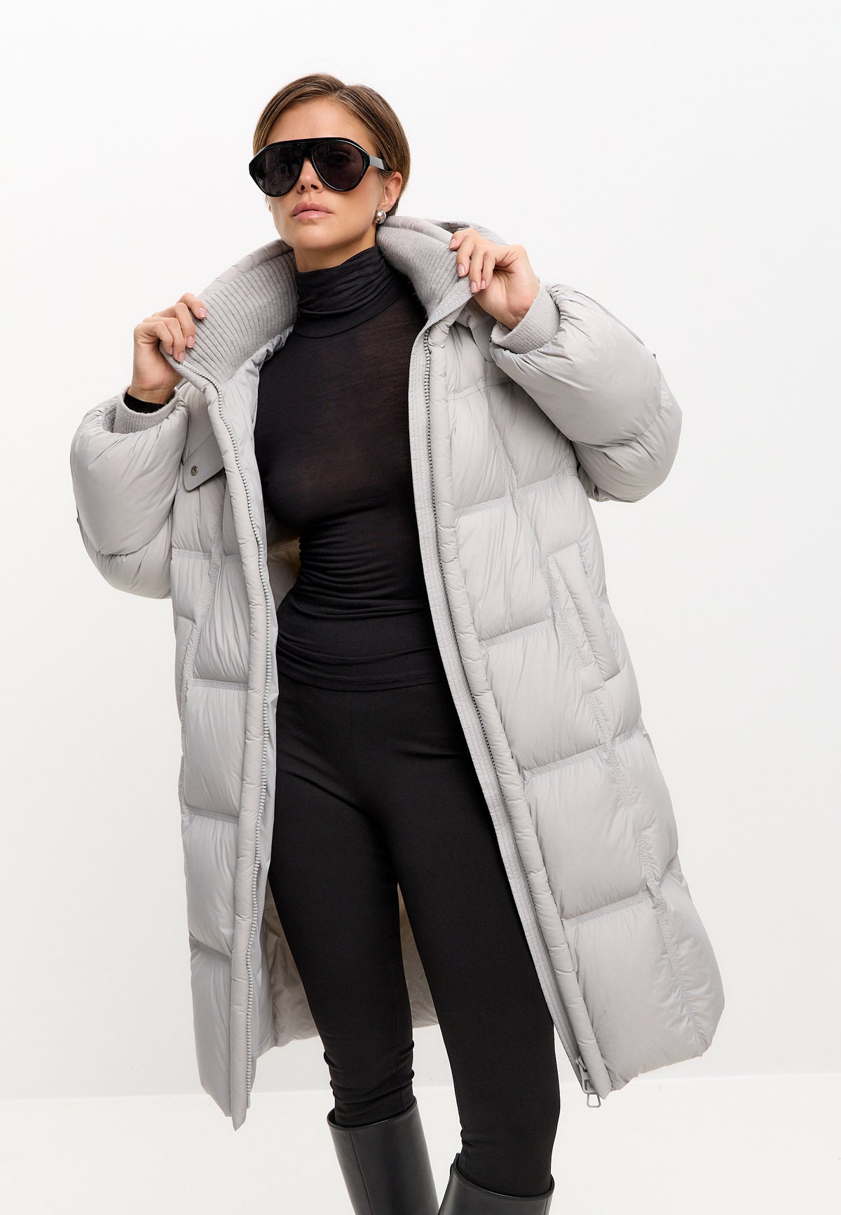 Long Quilted Down Puffer Coat - Grey