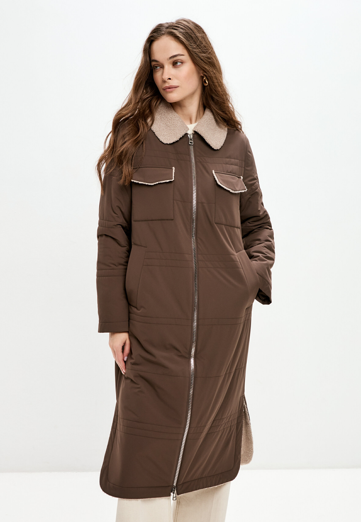 Belted Long Coat with Shearling Collar