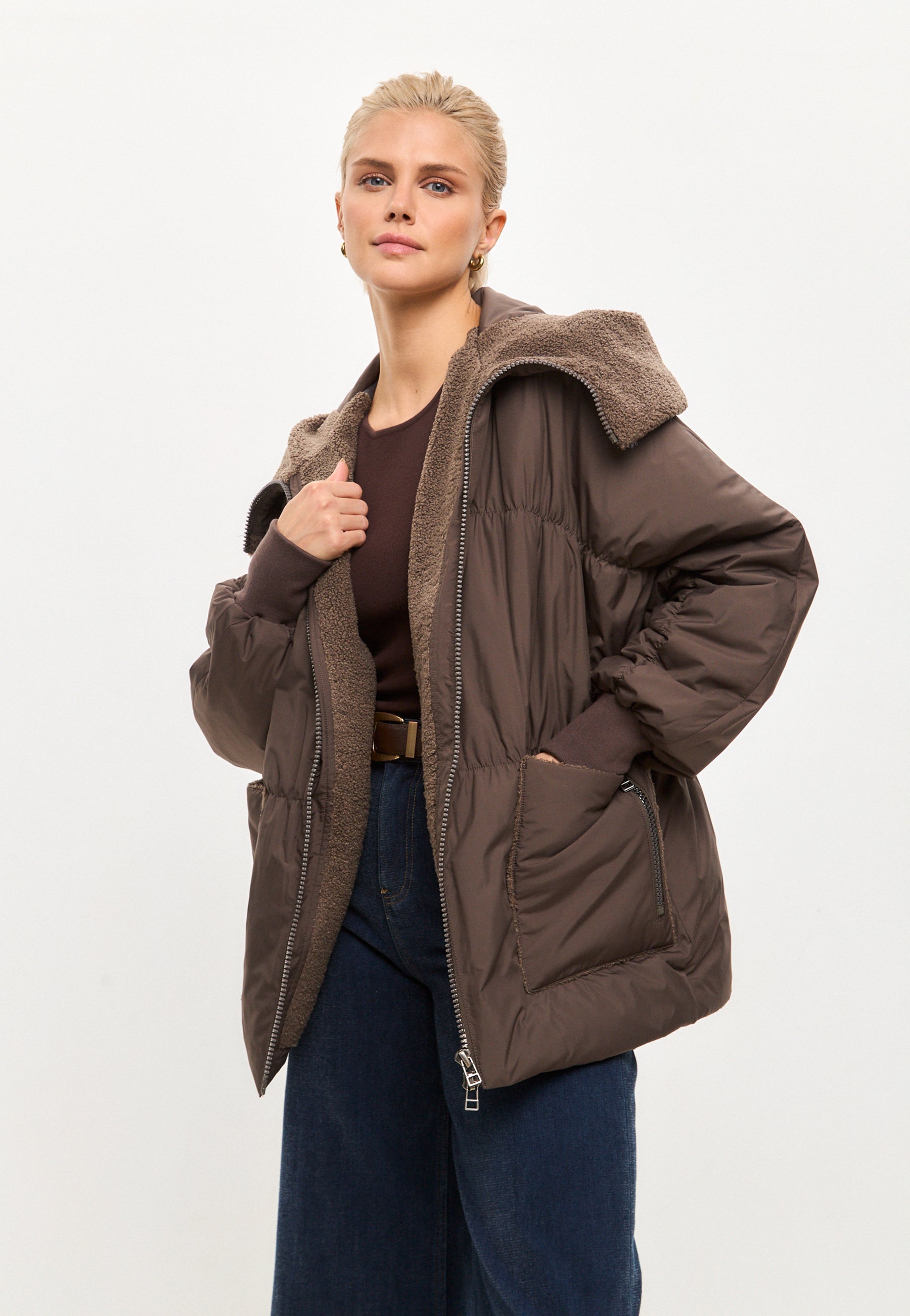 Shearling-Collar Puffer Jacket - Chocolate