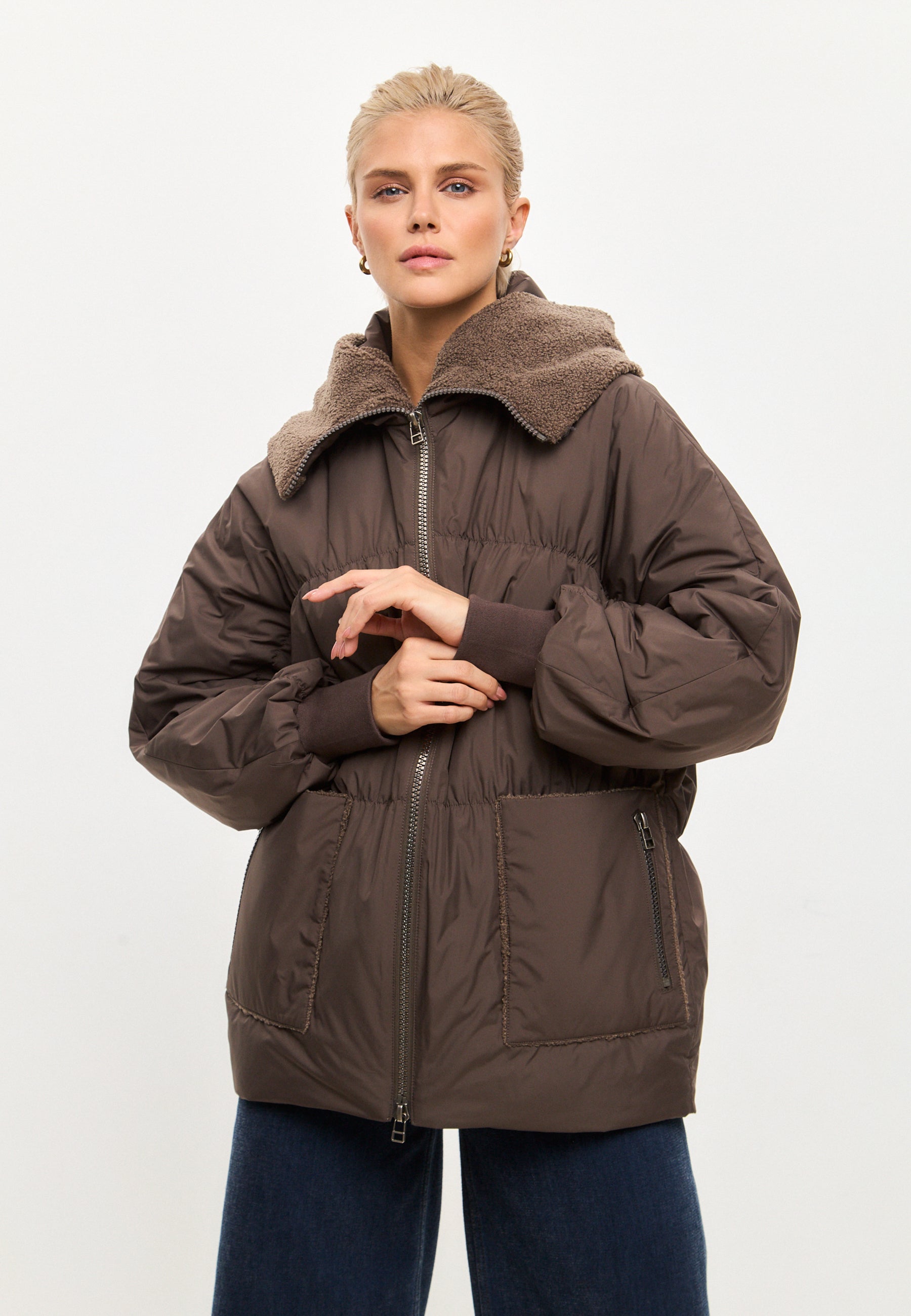 Shearling-Collar Puffer Jacket - Chocolate