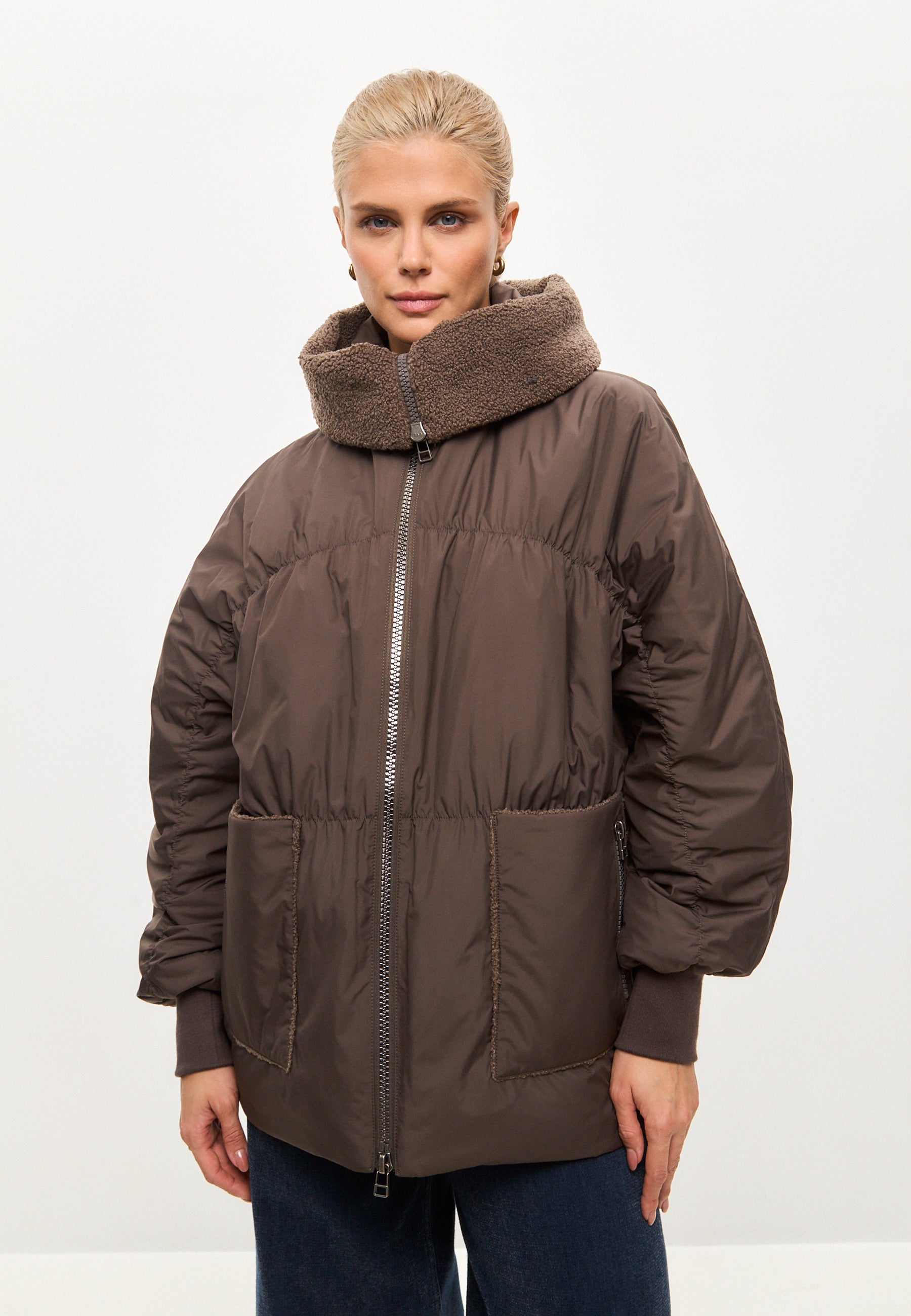 Shearling-Collar Puffer Jacket - Chocolate