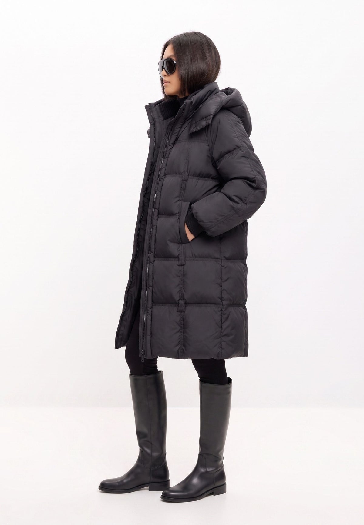 Long Quilted Down Puffer Coat - Black