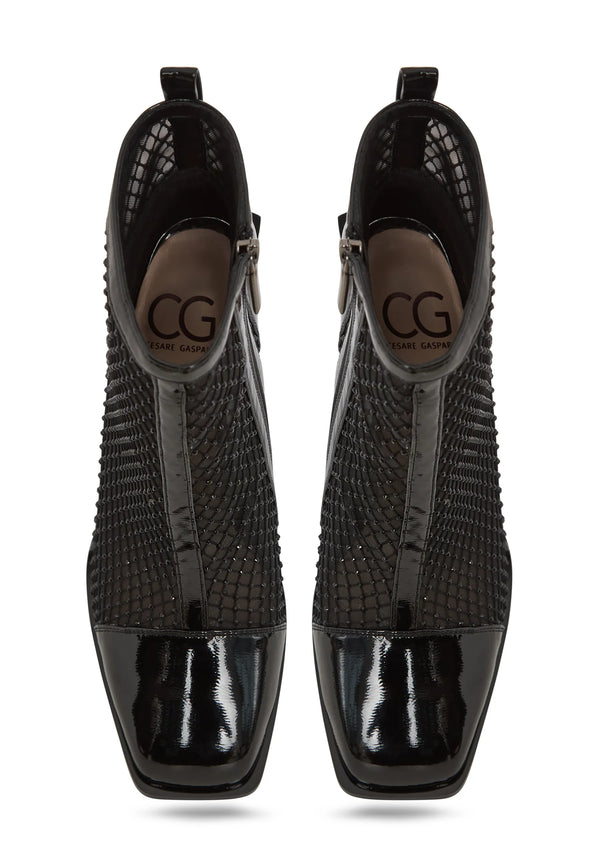 Mesh Panel Patent Leather Ankle Boot