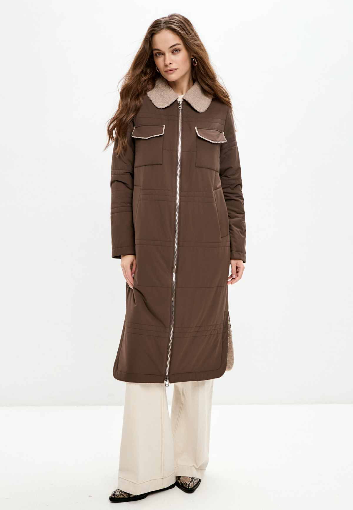Belted Long Coat with Shearling Collar