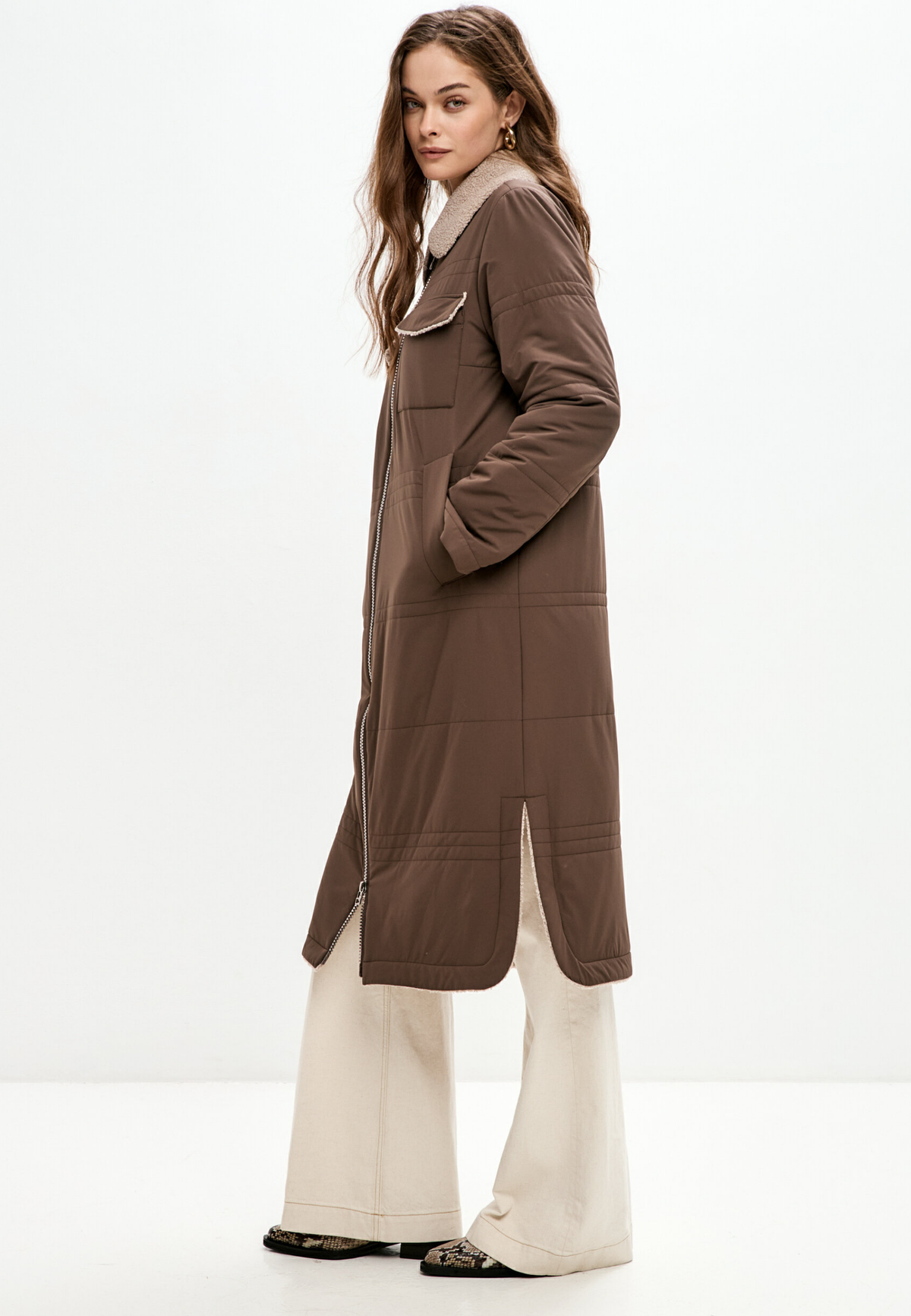 Belted Long Coat with Shearling Collar