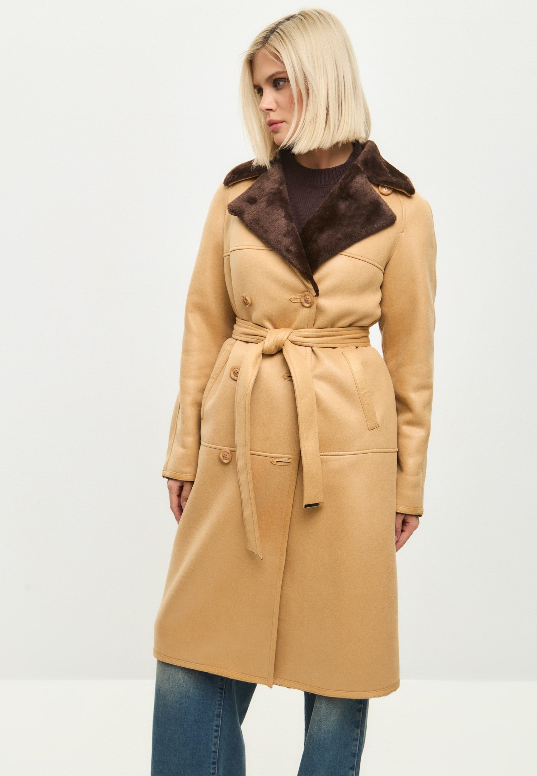 Button-Up Faux Reversible Long Coat - Light Brown