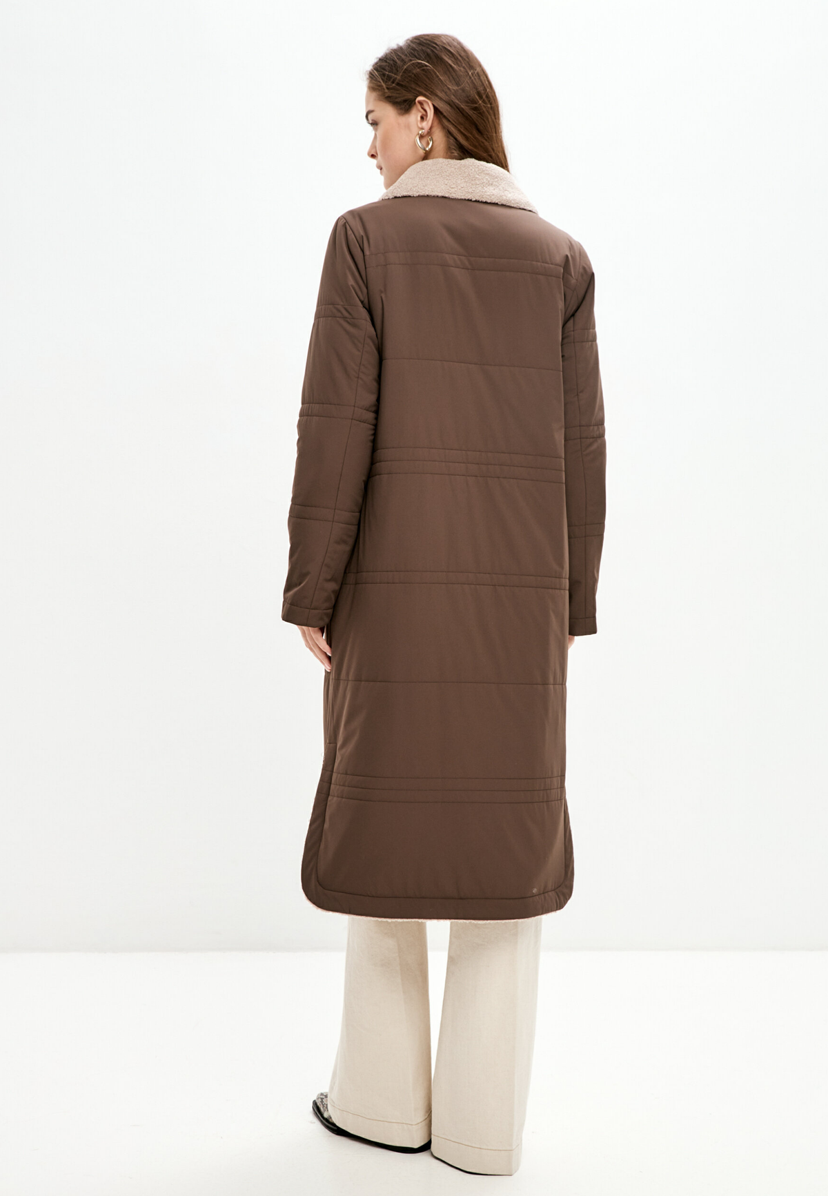 Belted Long Coat with Shearling Collar