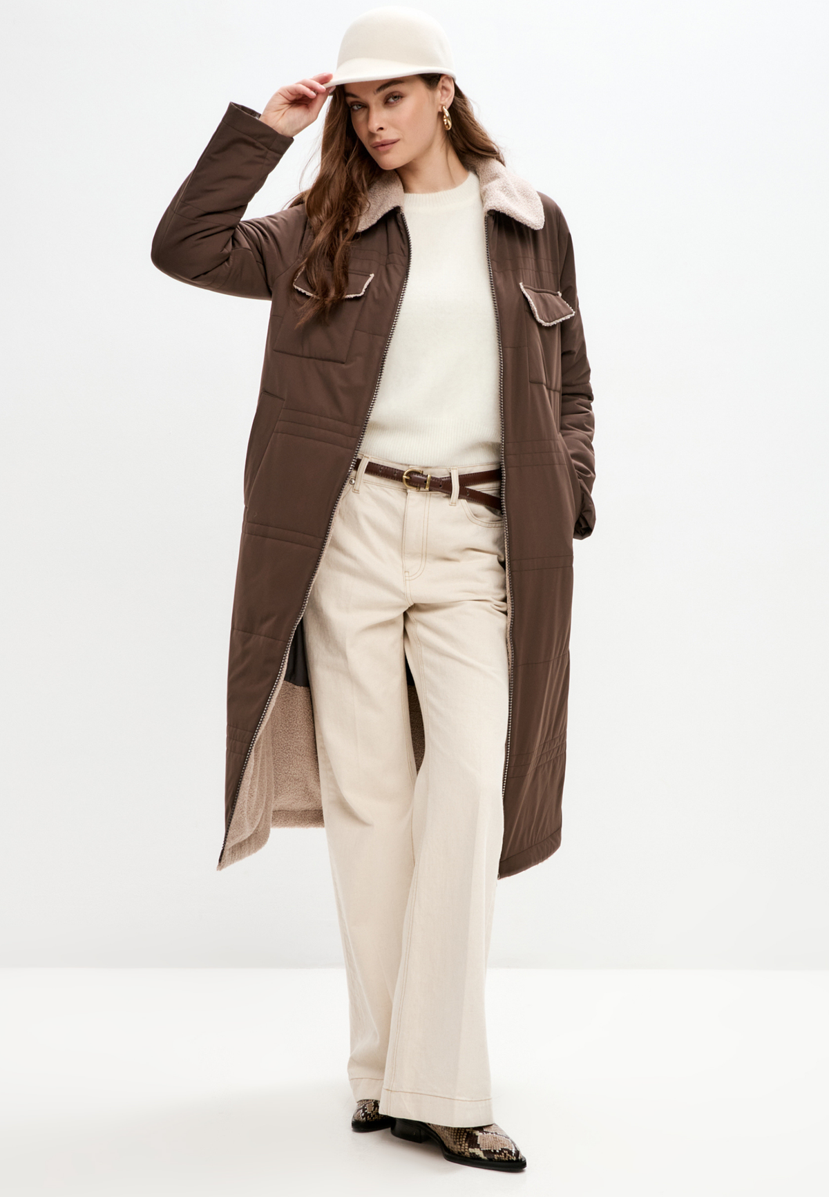 Belted Long Coat with Shearling Collar
