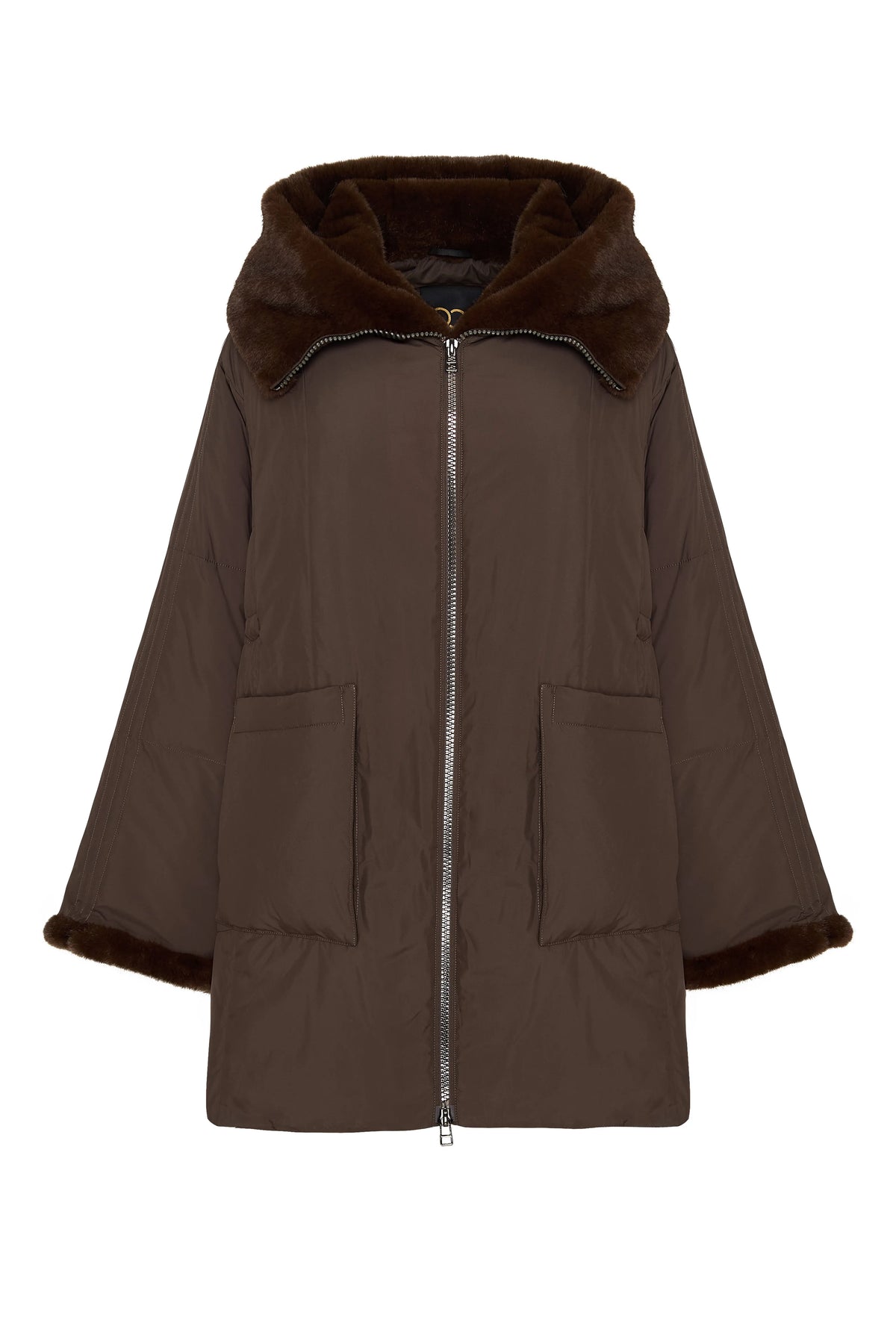 Faux Fur Trim Hooded Coat — Brown