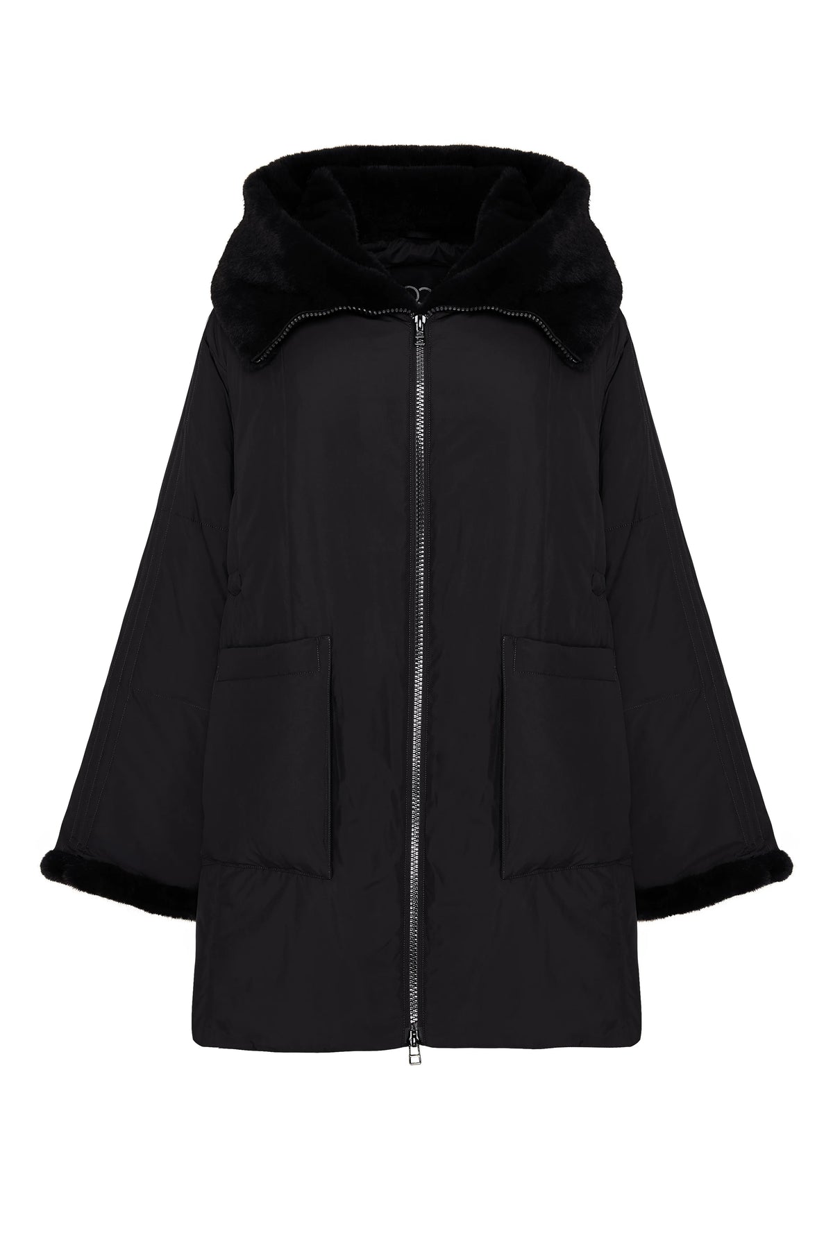 Faux Fur Trim Hooded Coat — Black