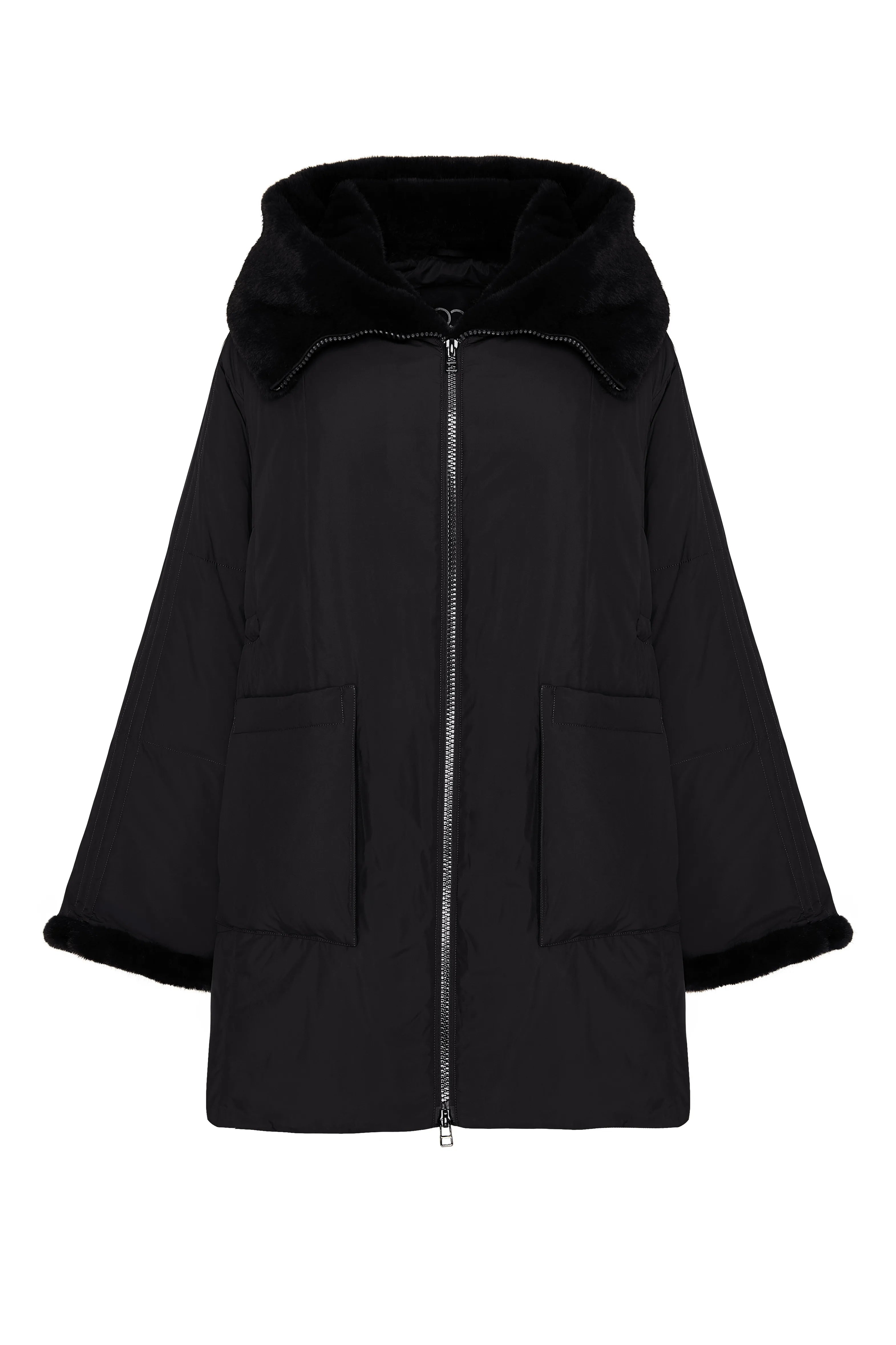 Faux Fur Trim Hooded Coat — Black