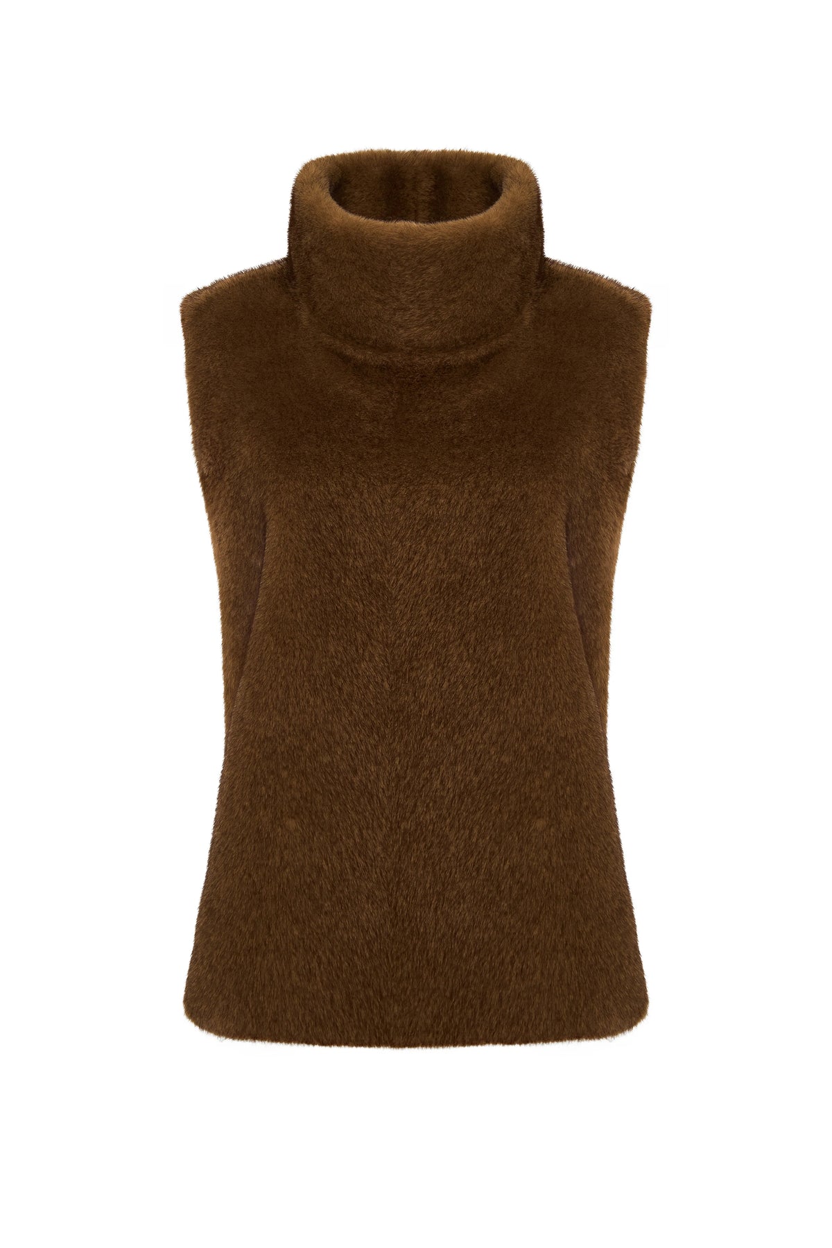 Faux Fur Sleeveless Sculpted Top with Collar – Brown