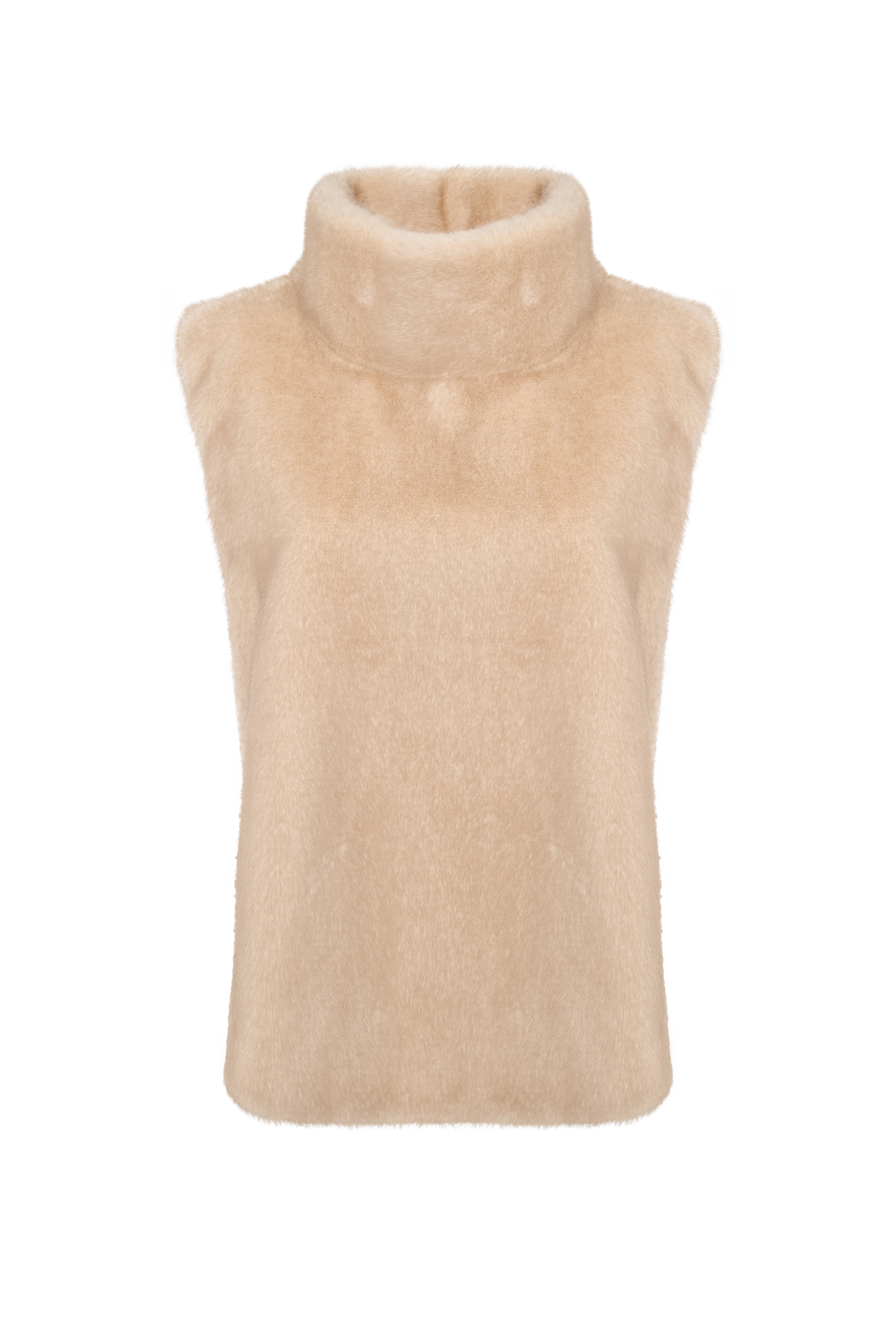 Faux Fur Sleeveless Sculpted Top with Collar – Ivory