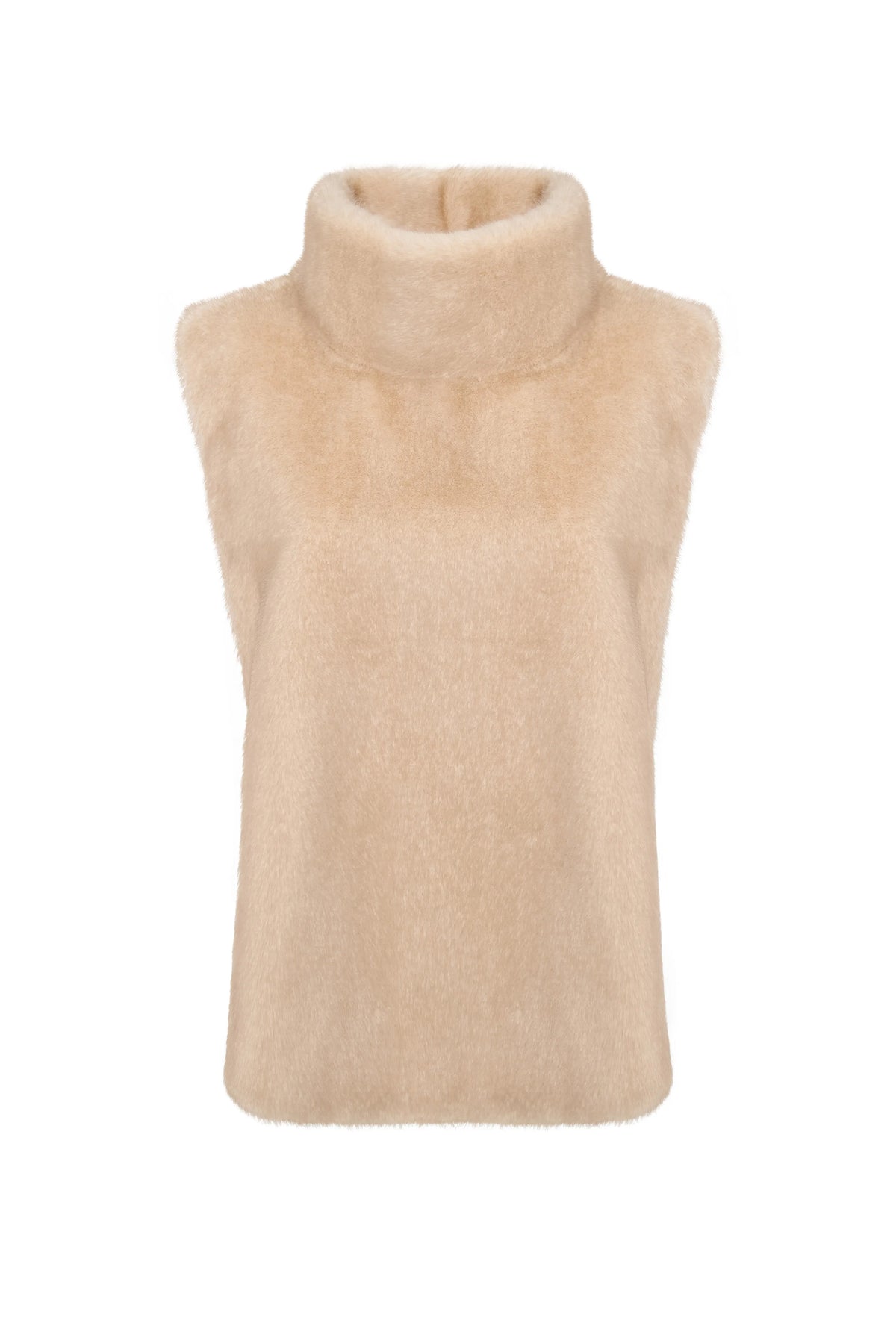 Faux Fur Sleeveless Sculpted Top with Collar – Beige