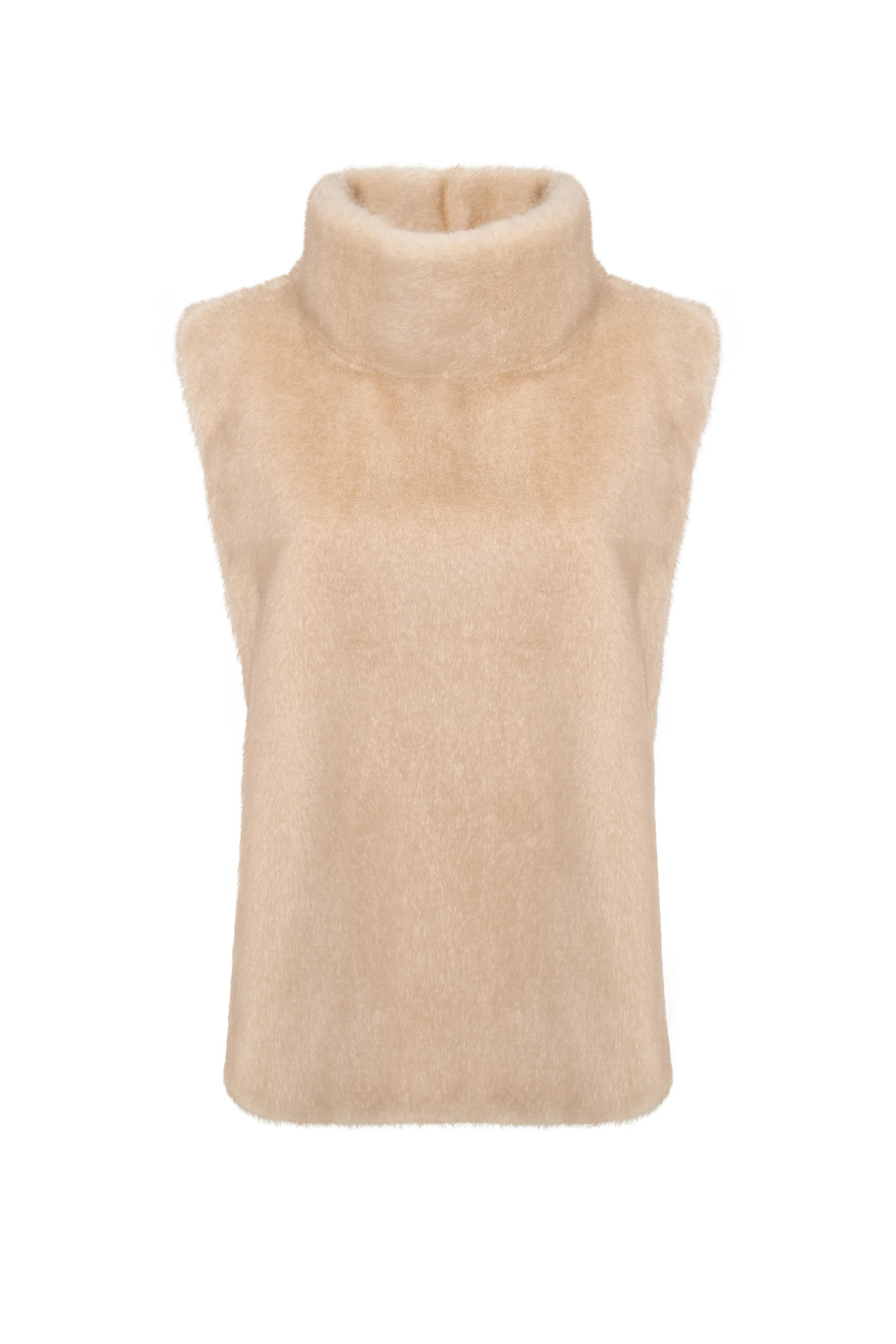 Faux Fur Sleeveless Sculpted Top with Collar – Beige