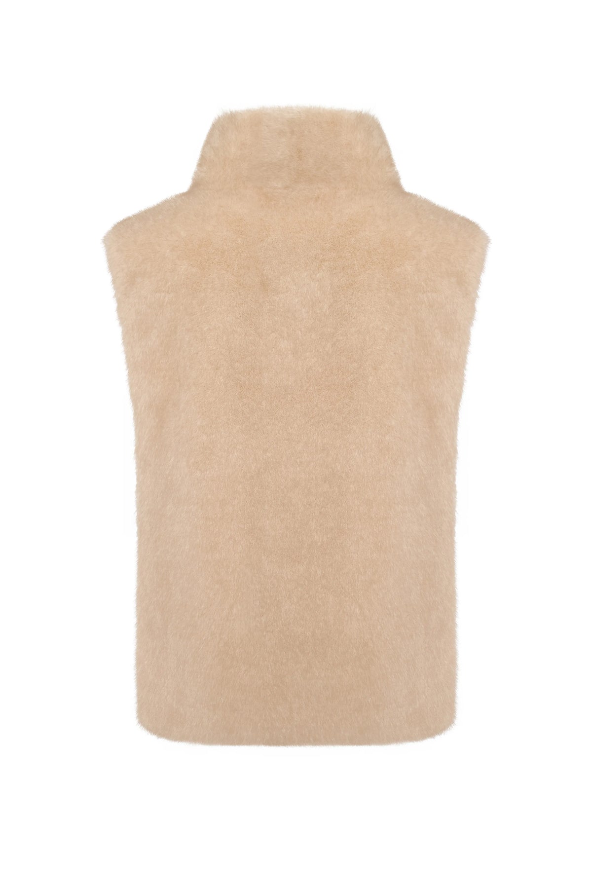 Faux Fur Sleeveless Sculpted Top with Collar – Beige