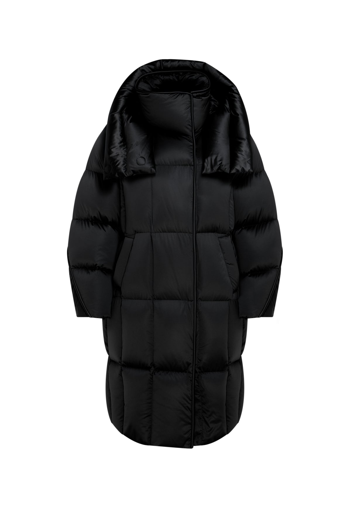 Langer oversized Steppmantel mit Kapuze – Schwarz