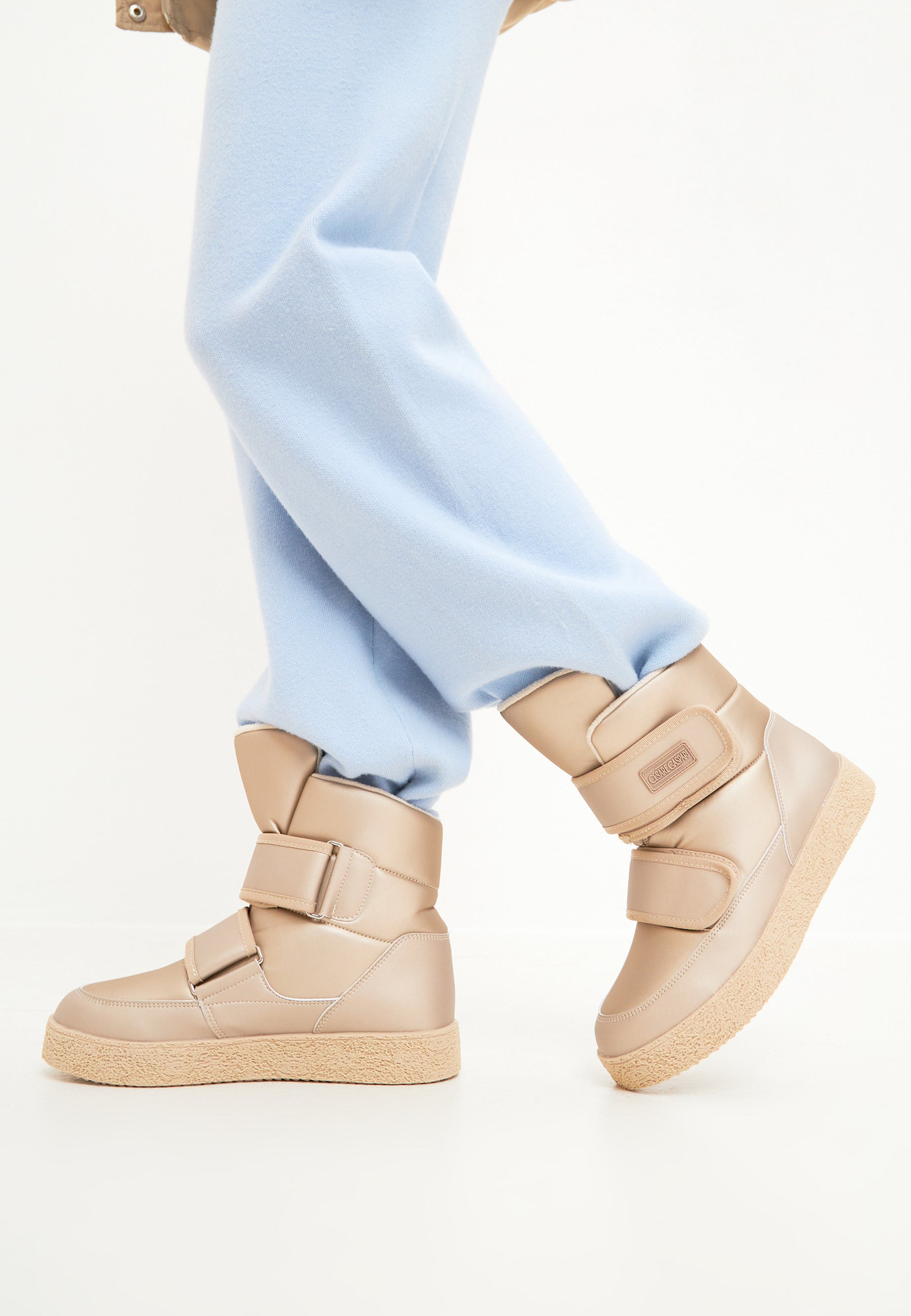 High Top Winter Boots with Velcro Straps Beige