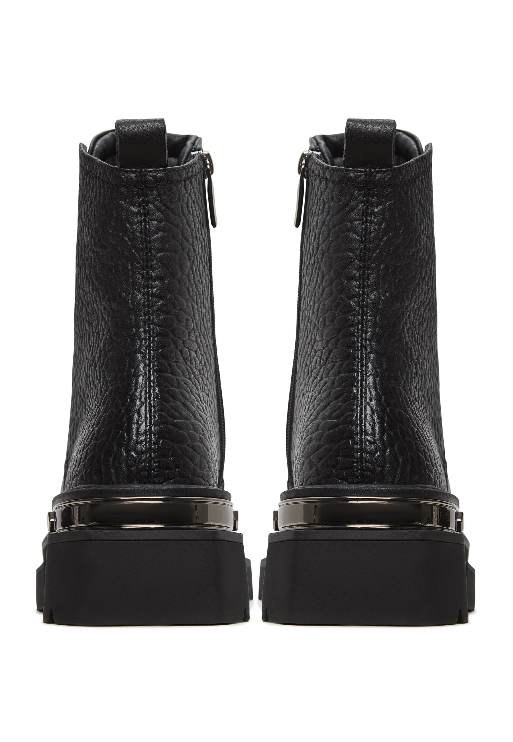 Black Textured Leather Combat Boots with Metal Accents