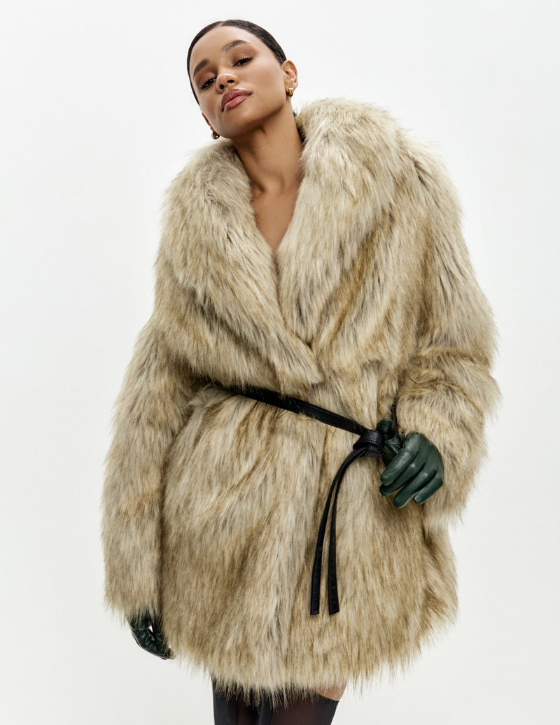 GOLDEN BEIGE FAUX FUR BELTED COAT
