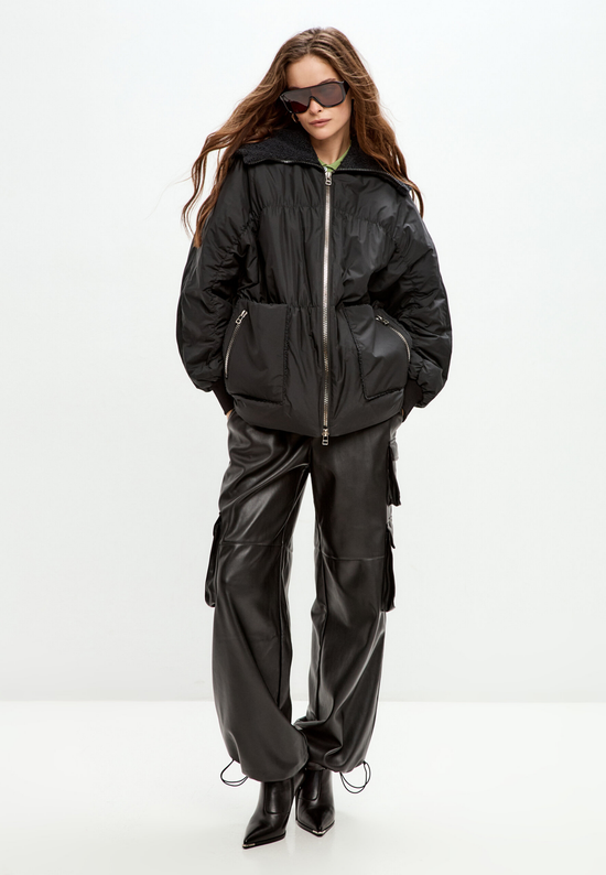 Shearling-Collar Puffer Jacket - Czarny