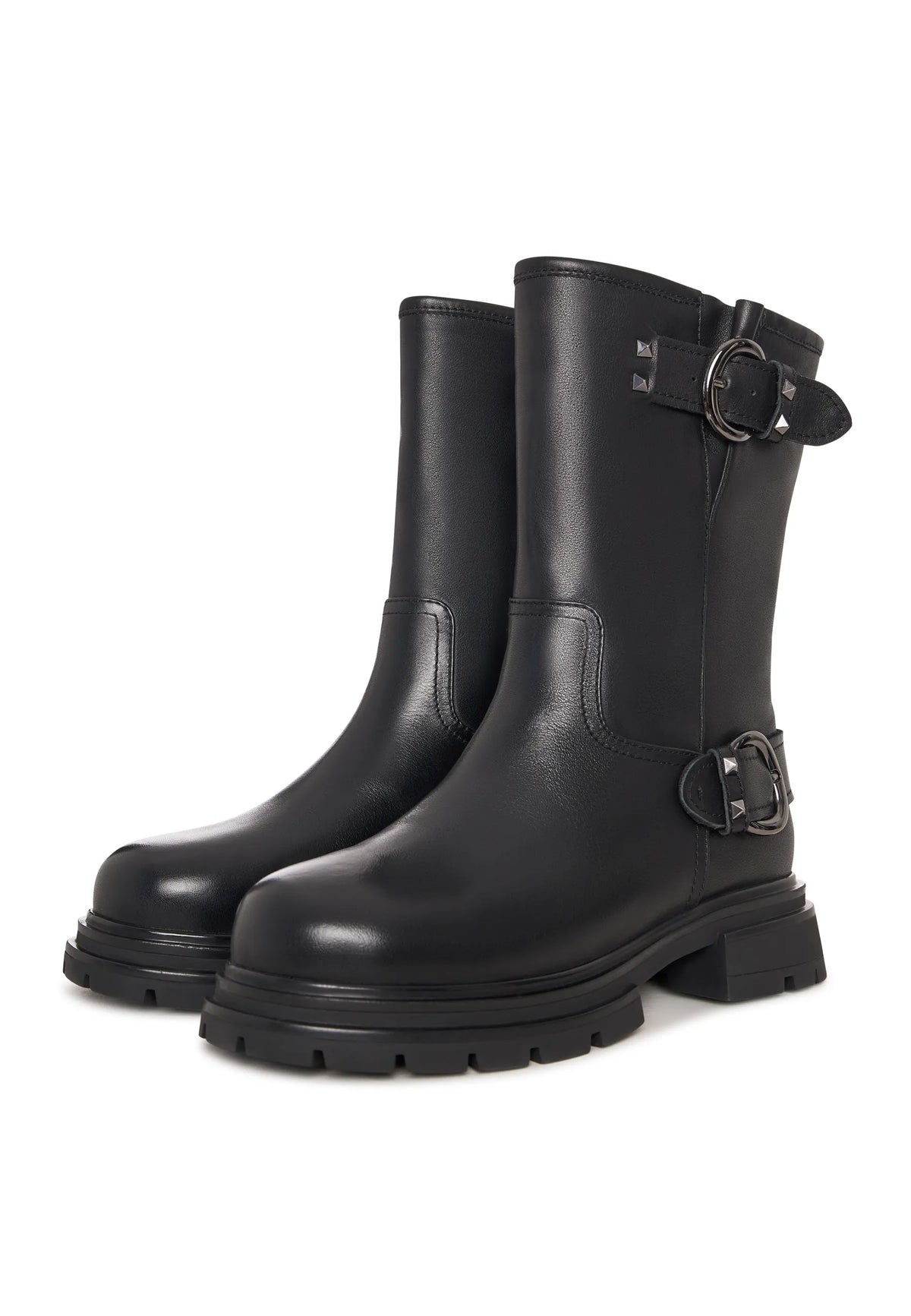 Buckled Edge Mid-Calf Leather Boots