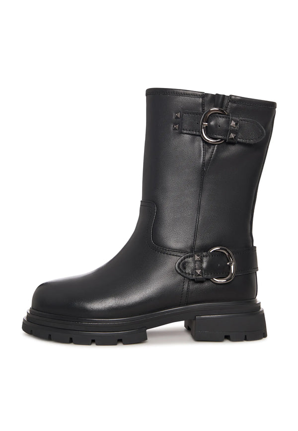 Buckled Edge Mid-Calf Leather Boots