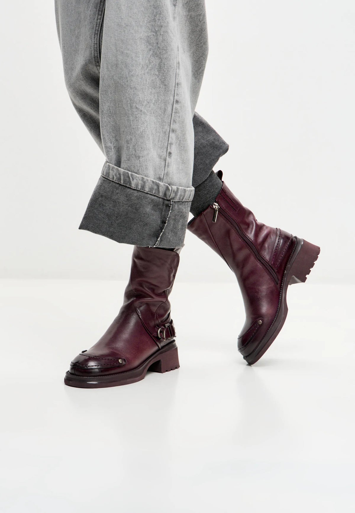 Rebel Buckled Mid-Calf Boots - Bordeaux