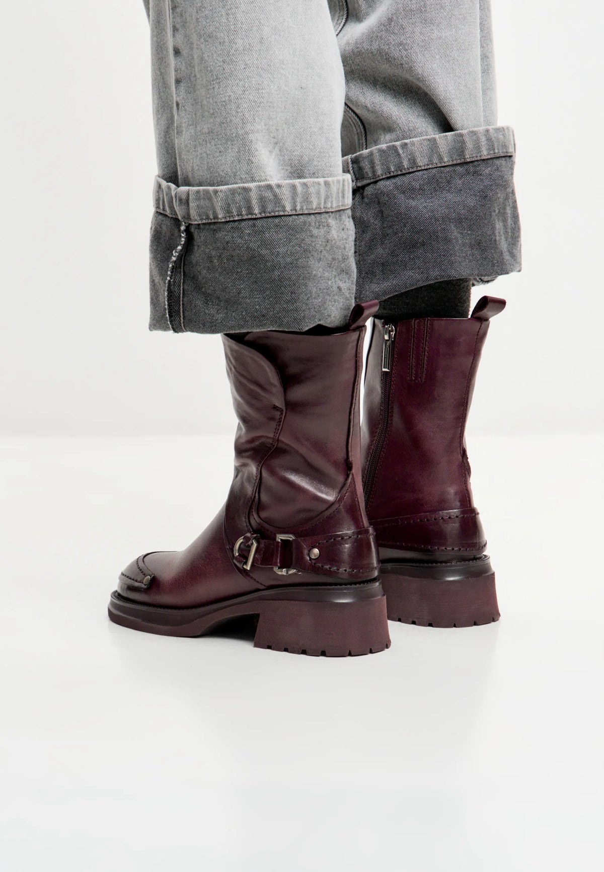 Rebel Buckled Mid-Calf Boots - Bordeaux