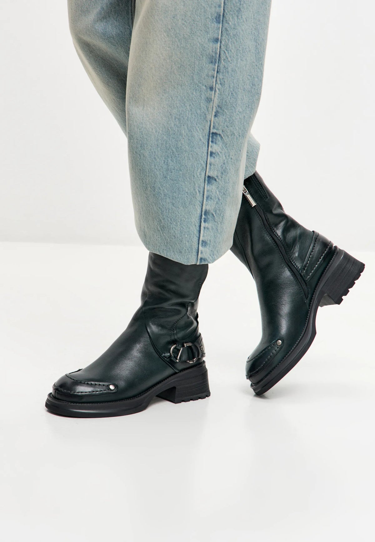 Rebel Buckled Mid-Calf Boots - Dark Green