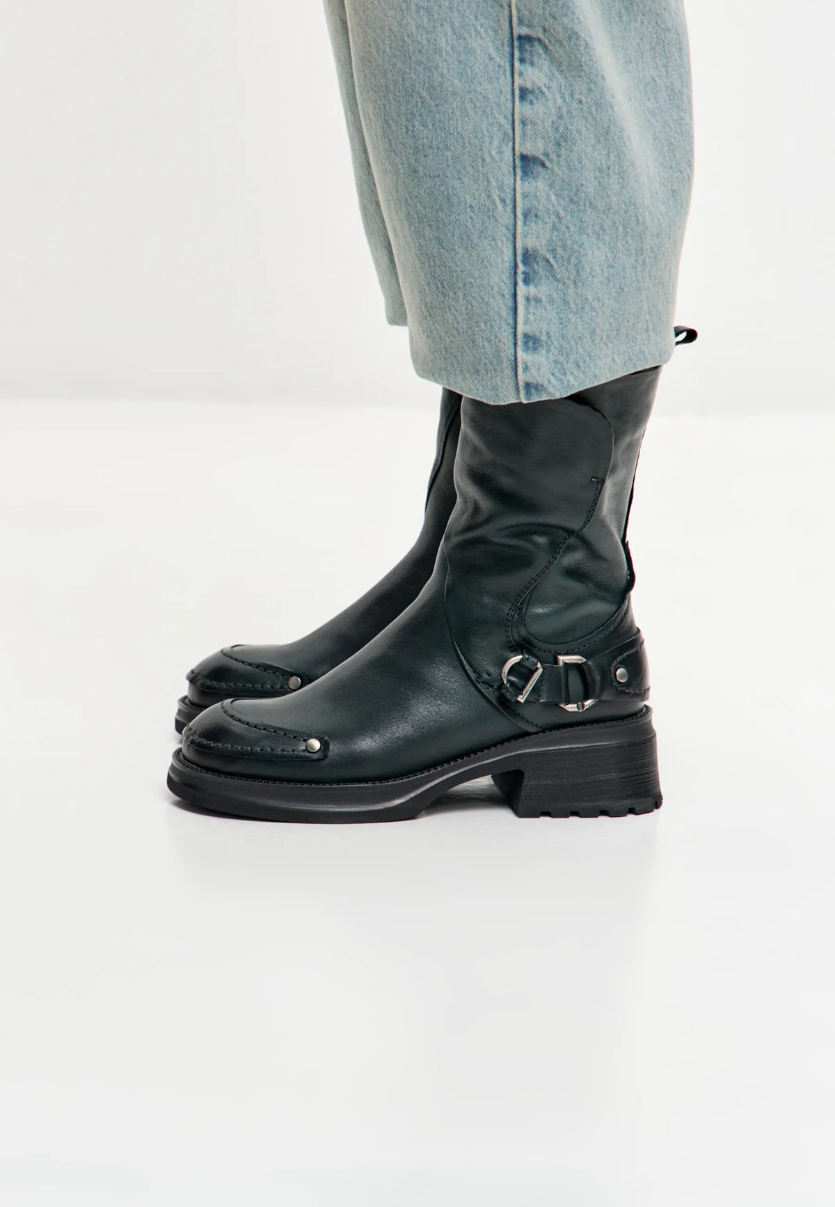 Rebel Buckled Mid-Calf Boots - Dark Green
