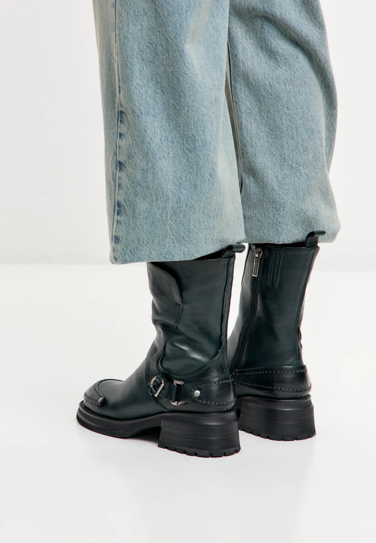 Rebel Buckled Mid-Calf Boots - Dark Green