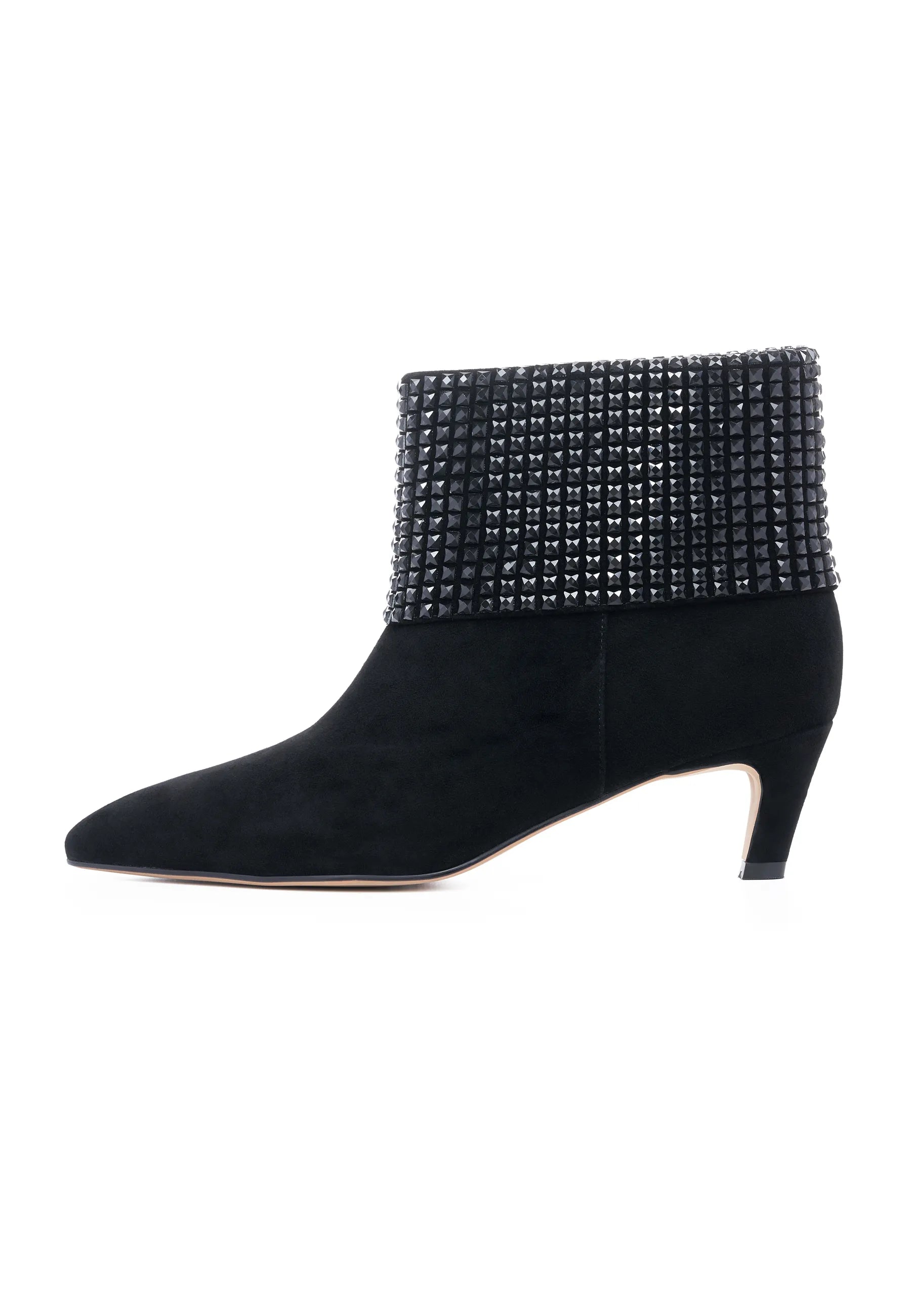 Black ankle boot with studded cuff on a white background