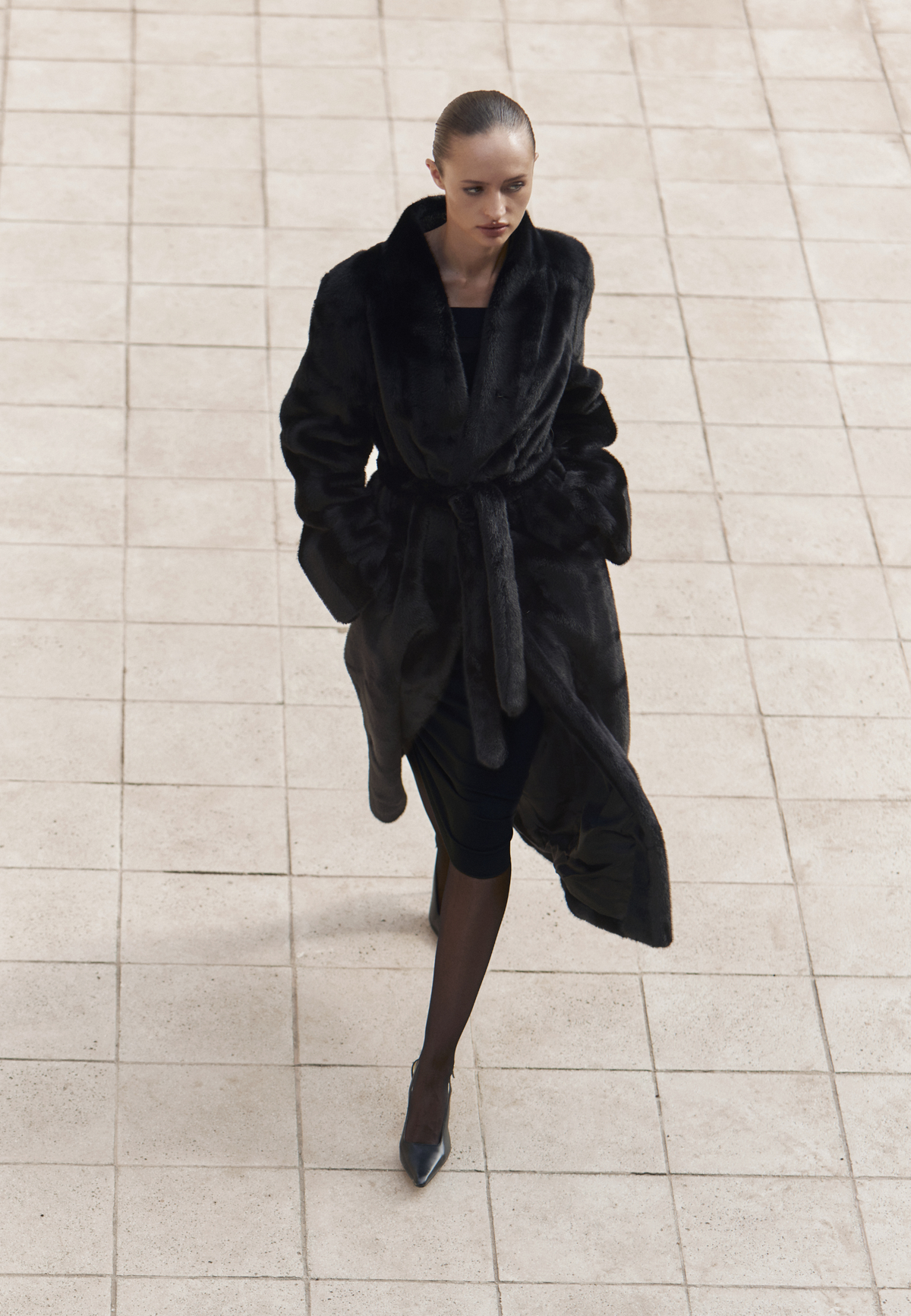 Full-Length Belted Faux Fur Coat – Black