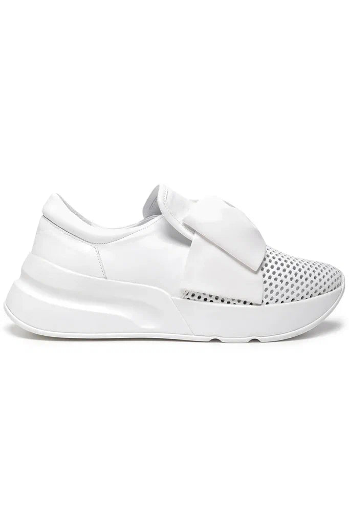 Perforated Slip-On Sneakers with Oversized Bow - White