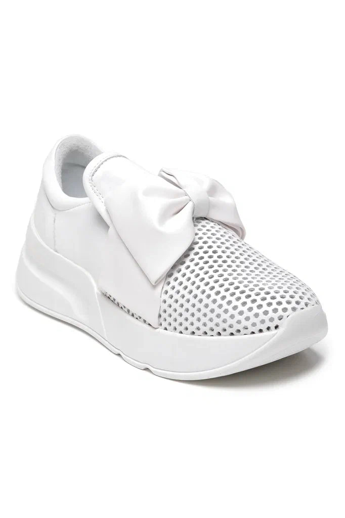 Perforated Slip-On Sneakers with Oversized Bow - White