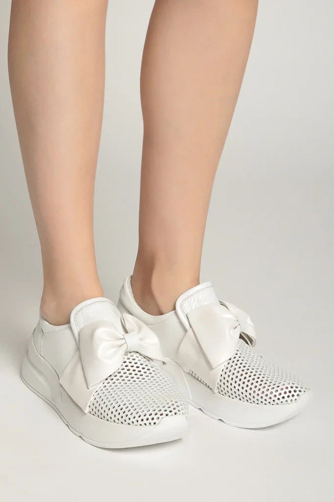 Perforated Slip-On Sneakers with Oversized Bow - White