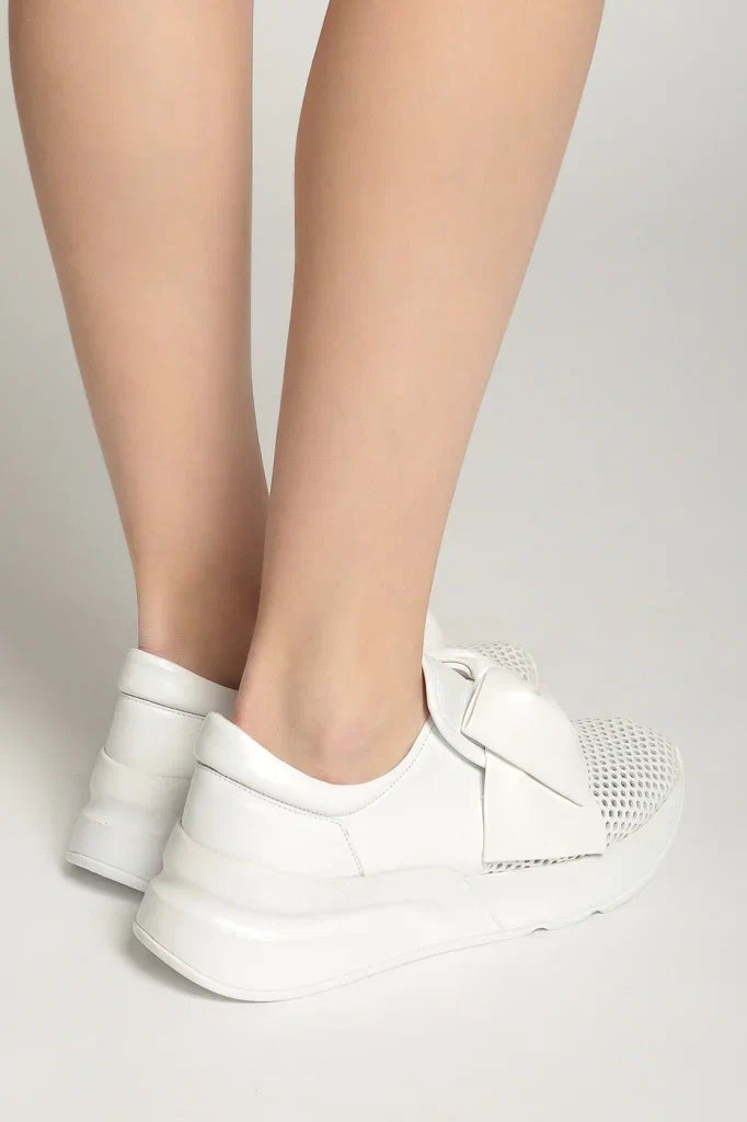 Perforated Slip-On Sneakers with Oversized Bow - White