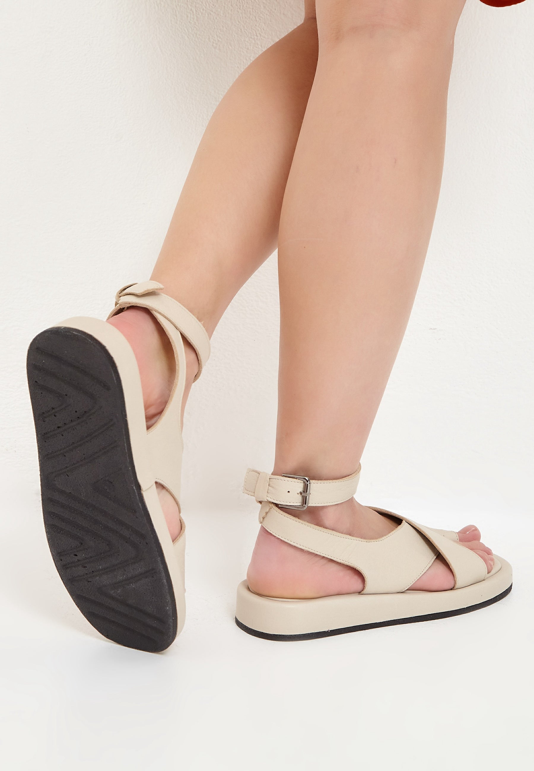 Leather Platform Sandals - Beige