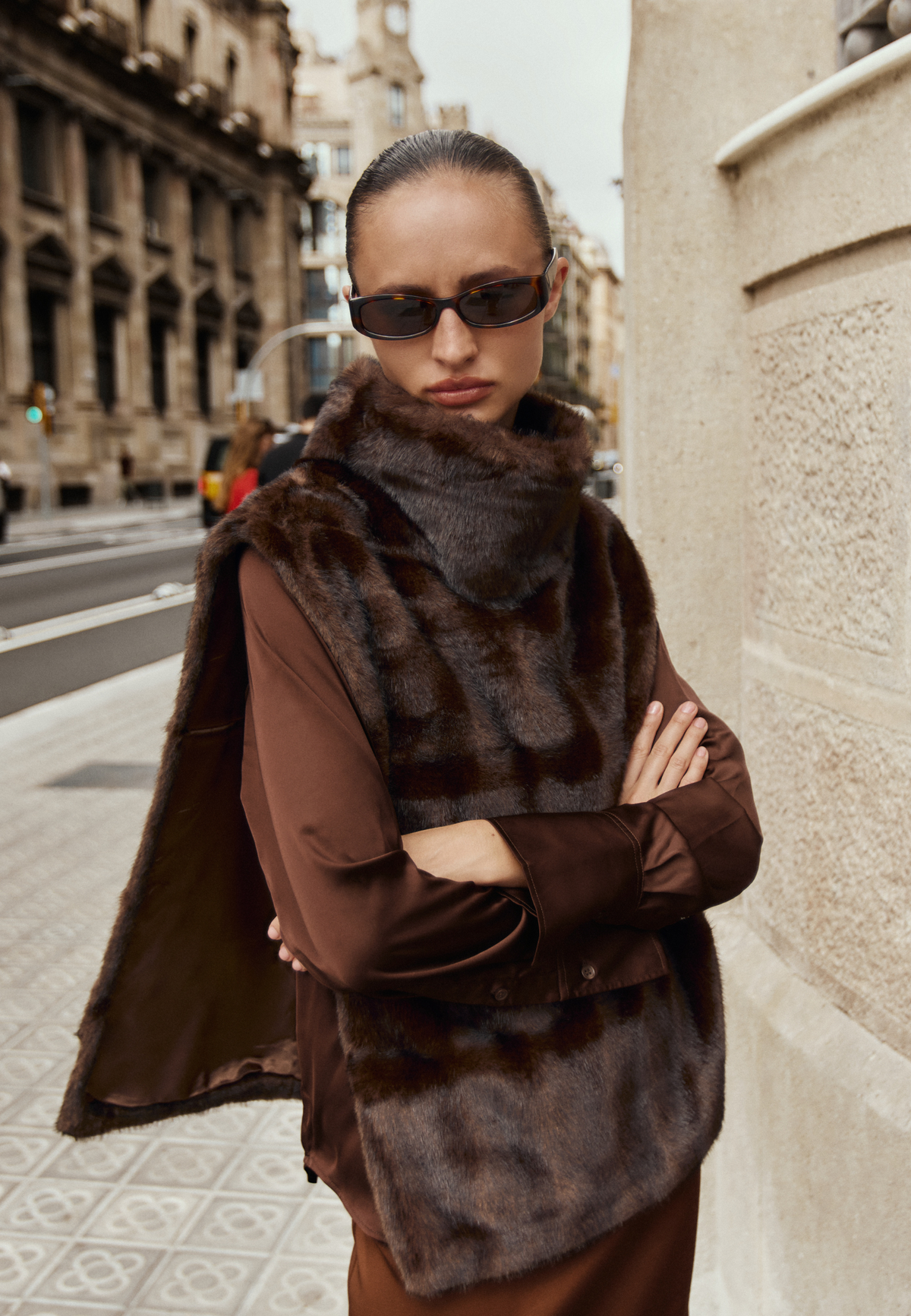 Faux Fur Sleeveless Sculpted Top with Collar – Dark Brown