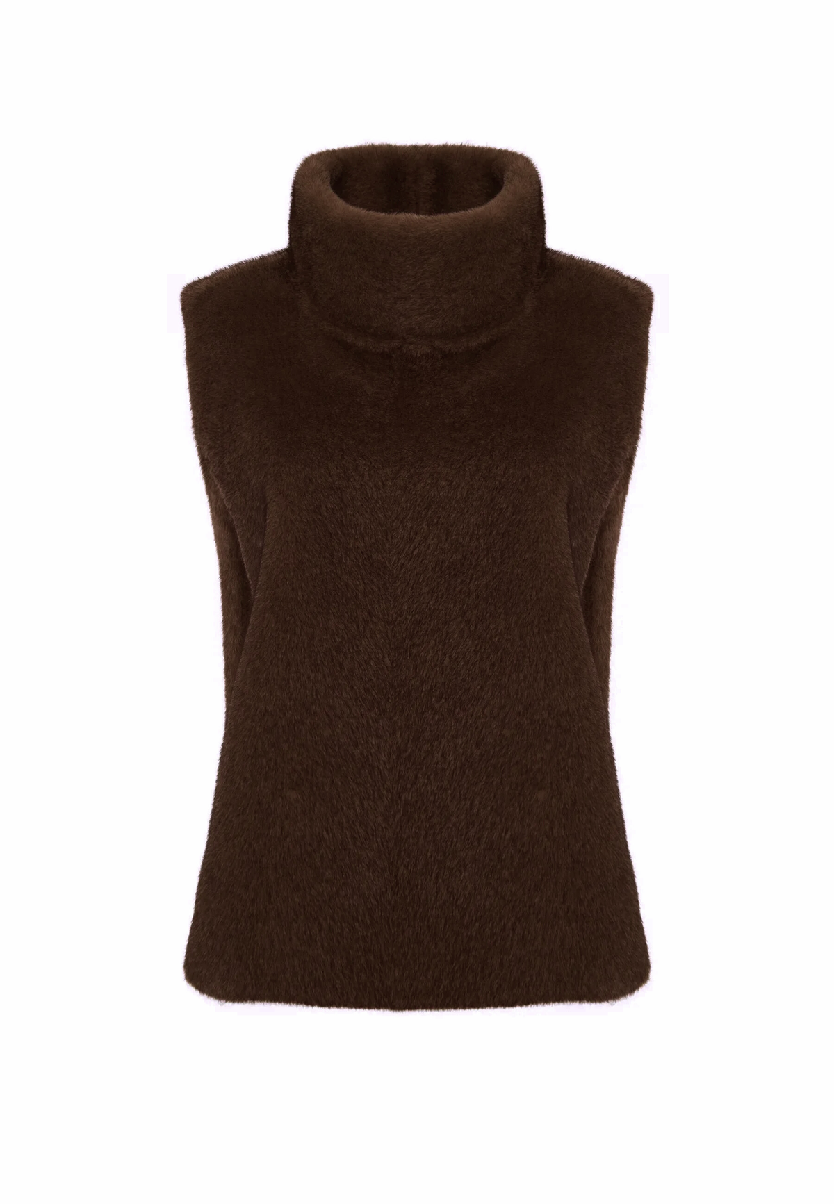 Faux Fur Sleeveless Sculpted Top with Collar – Dark Brown